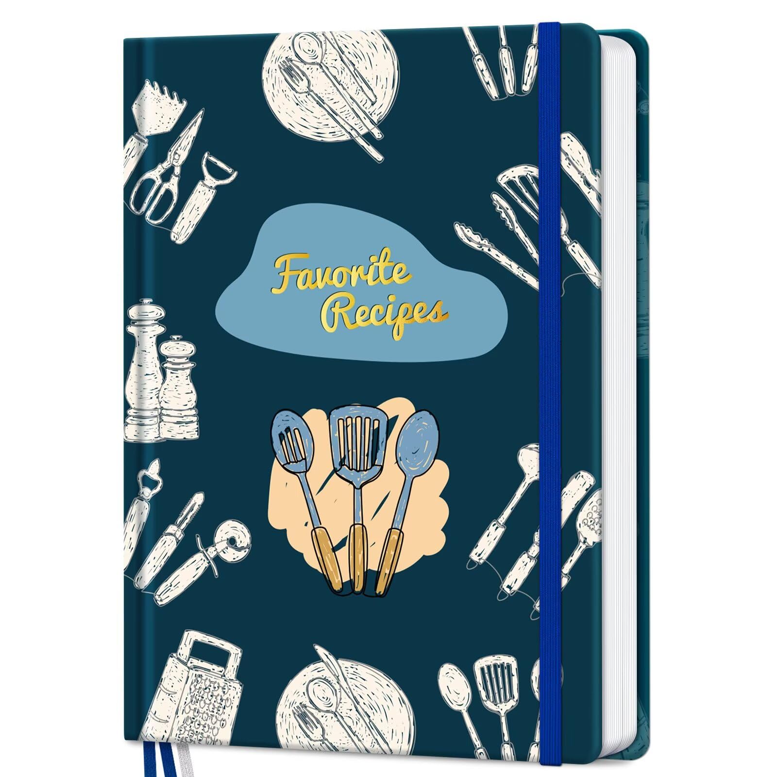 LuBudingJoy Recipe Book to Write in Your Own Recipes, Hardcover Blank Cookbook, Customizable A5 Recipe Journal Hold 148 Recipes(Blue Tools)​