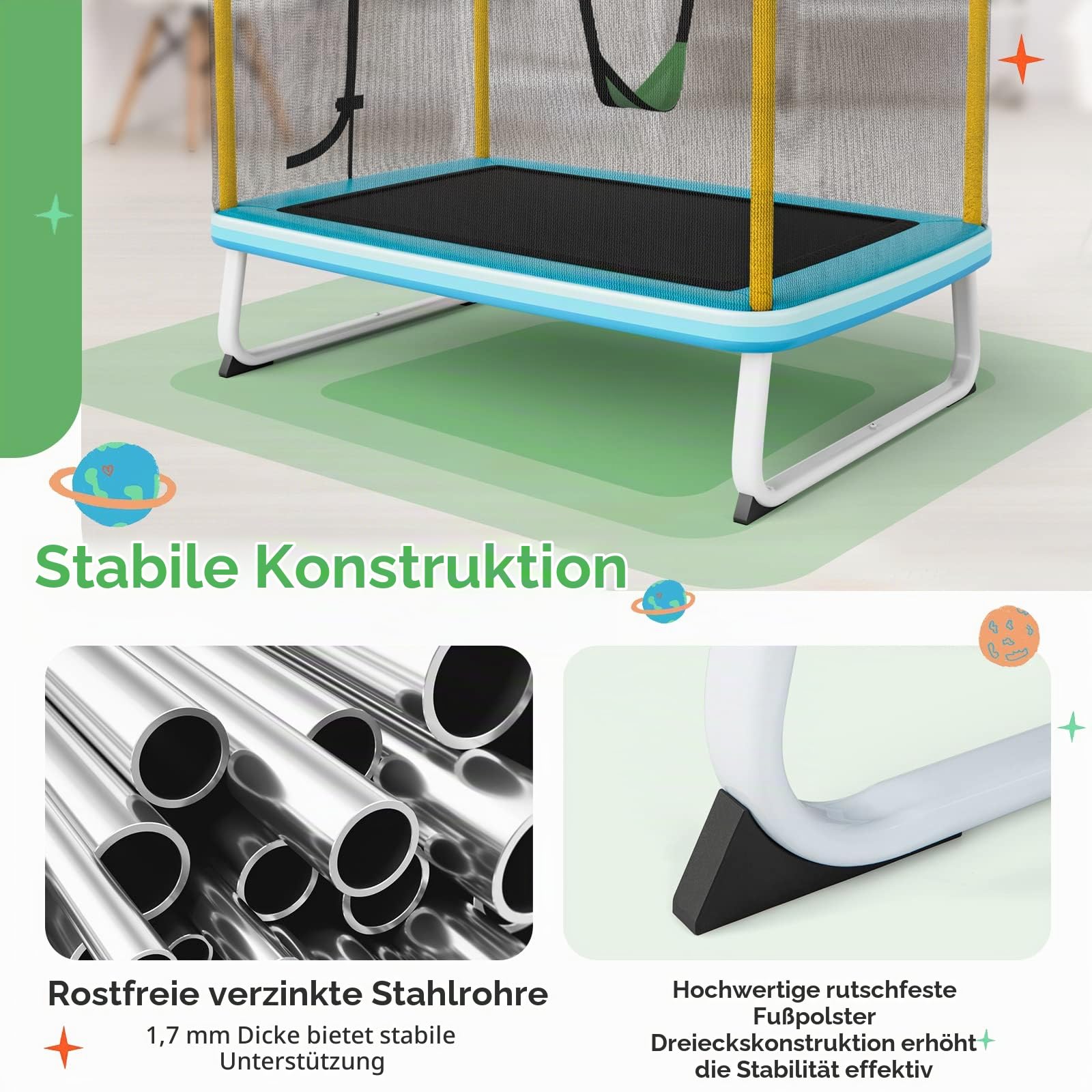 GOPLUS 3 in 1 Kindertrampolin, 190x124x222 cm Gartentrampolin Set mit Schaukel & Horizontalstange, Outdoortrampolin mit Sicherheitsnetz & Randabdeckung