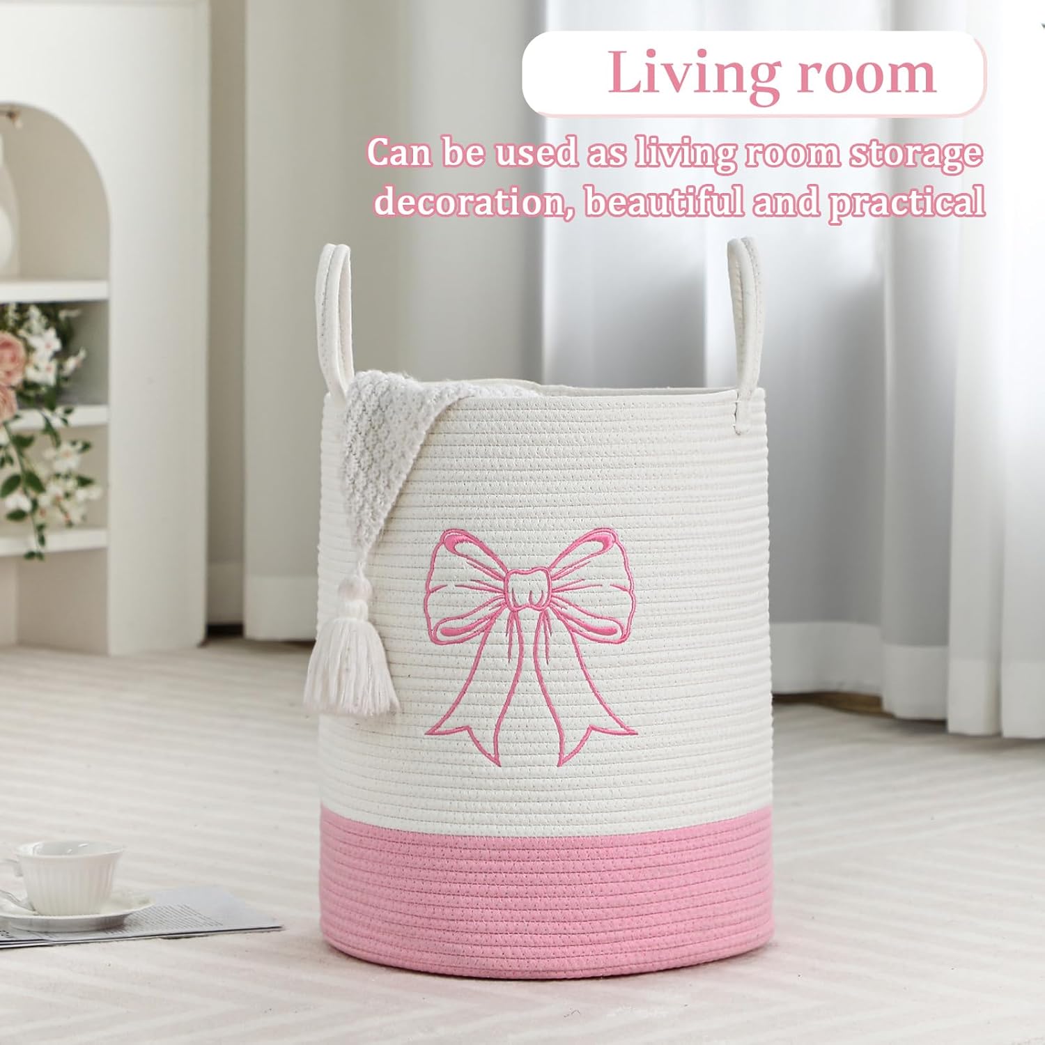 Honeydak Pink Bow Cotton Rope Laundry Basket Hamper Large Laundry Basket Hamper Coquette Bow Room Decor for Girls Girly Nursery Storage Bin Tall Round Organizer for Blanket Toys Clothes - Image 4