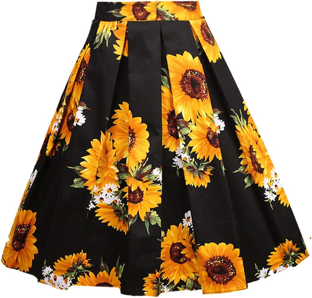Women's Pleated Vintage Skirt Floral Print A-line Midi Skirts with Pockets