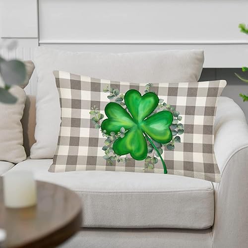 Miniatura 4 de Smilyard Fundas de almohada lumbar del Día de San Patricio de 12 x 20 pulgadas, diseño de búfalo gris, tréboles verdes, trébol de la suerte,