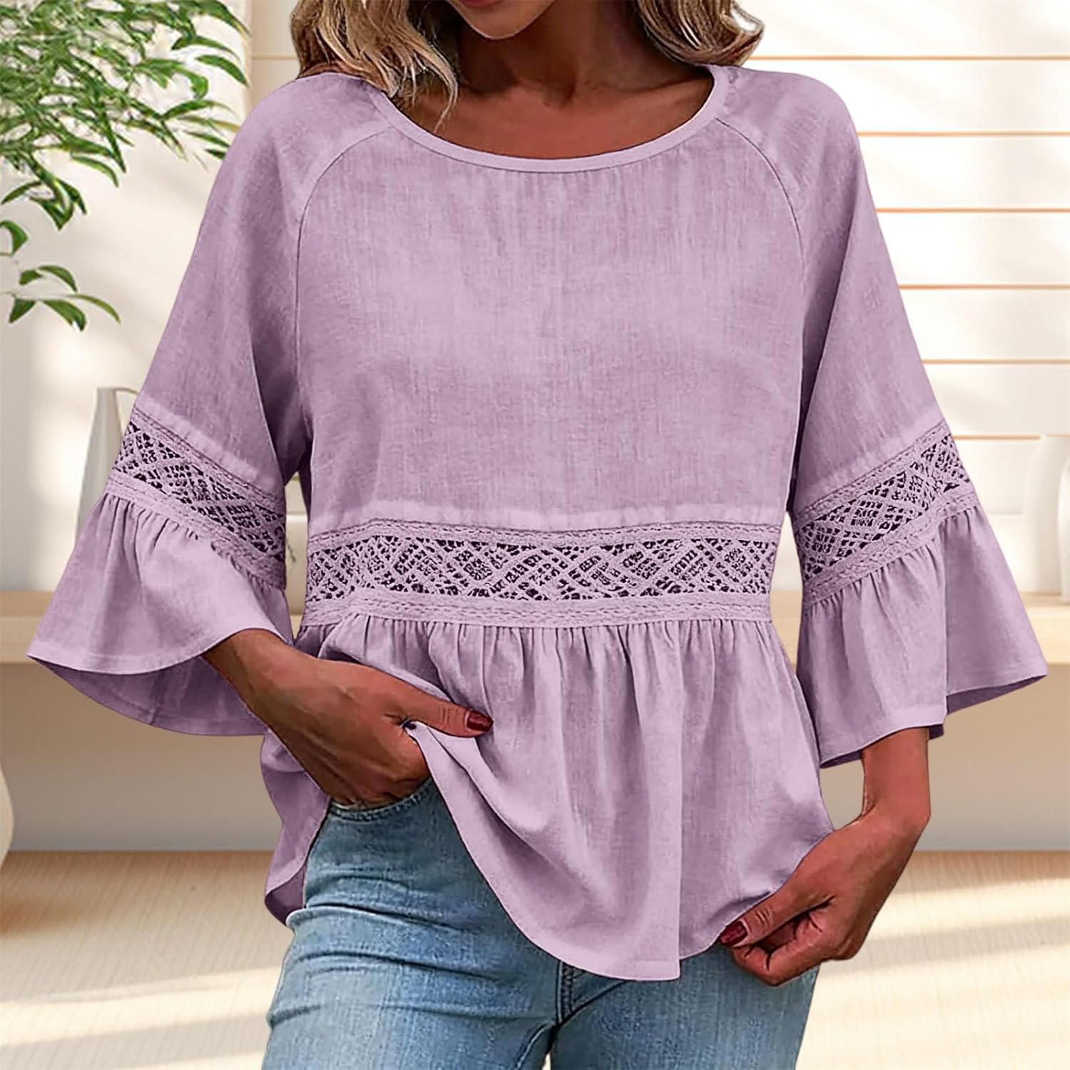 Linen Peasant Tunic Tops for Women 3/4 Bell Sleeve Flowy Peplum Peasant Blouses Loose Fit Cute Babydoll Shirts