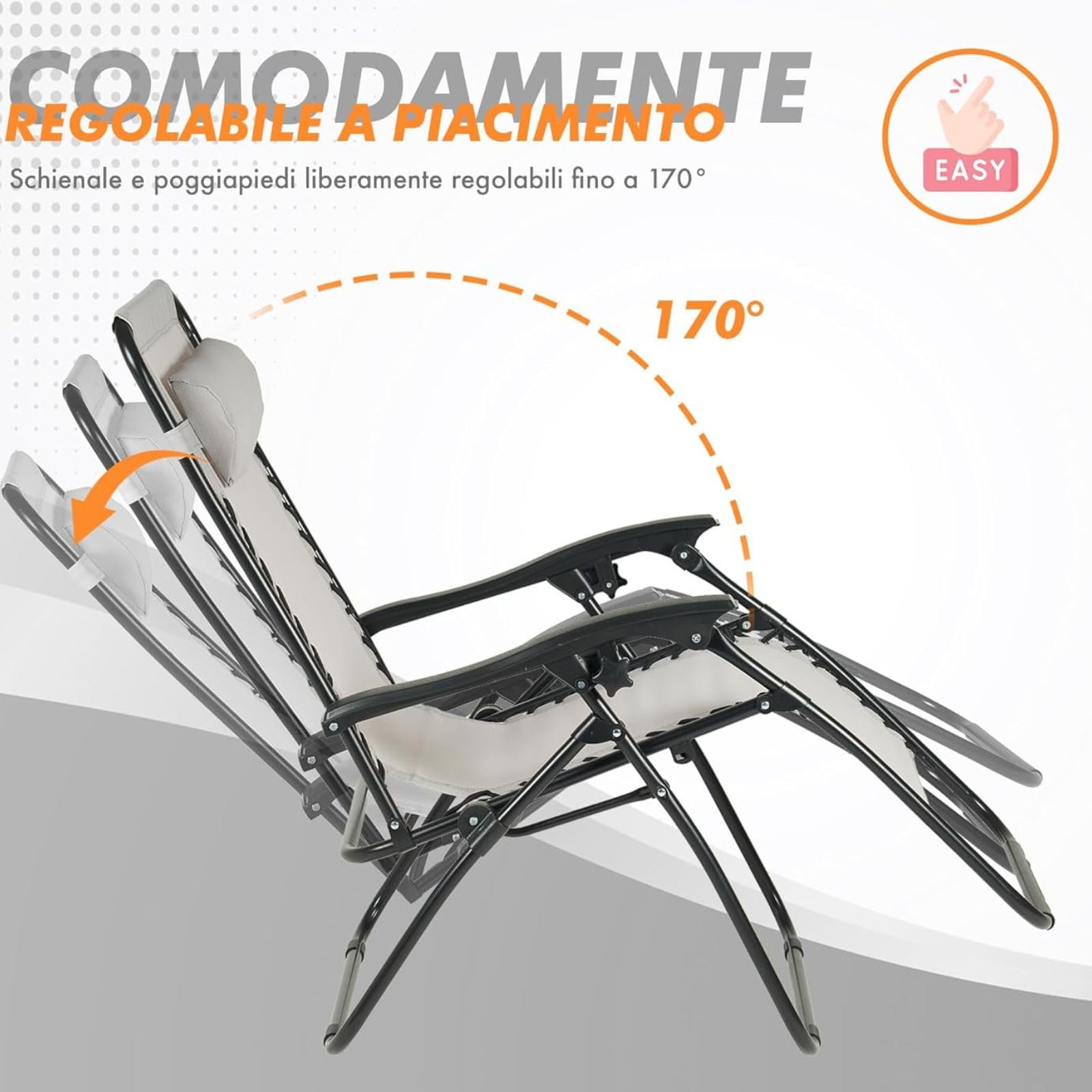 Sedia Pieghevole Reclinabile da Giardino, Struttura in Acciaio, Tessuto Textilene, Stile Moderno, per Esterno, 190x60x38 cm (Grigio)