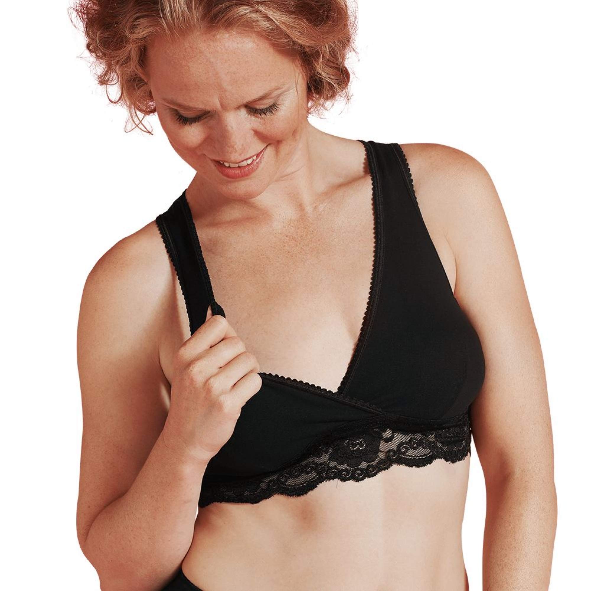 Carriwell Women's Nero Organic Crossover Nursing Bra, Sleep And Pregnancy Bustier With Soft Lace, Ideal For The Night, Made Of Organic Cotton, Non-Iron, Seamless[Black][Medium]