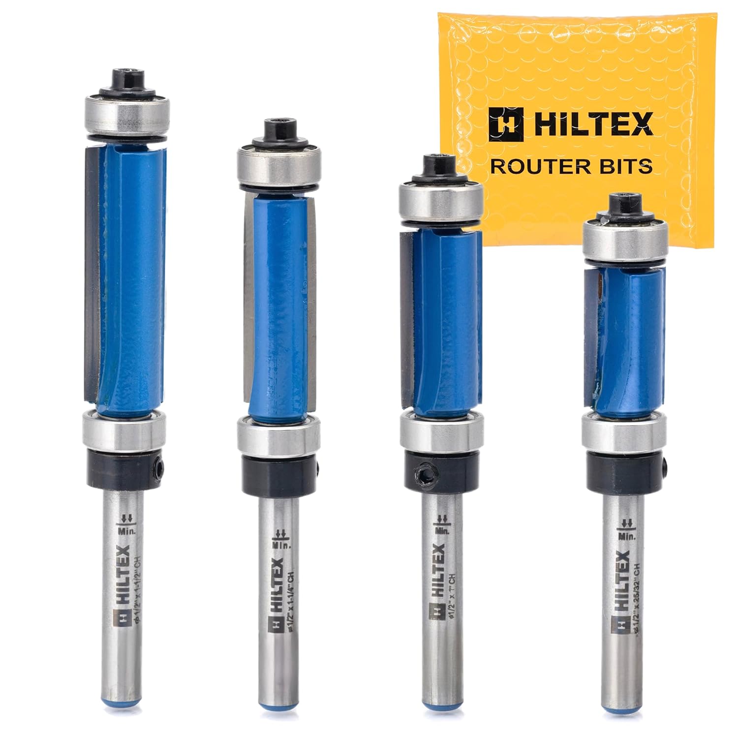 HILTEX 10104H Top and Bottom Bearing Pattern Flush Trim Router Bit Set, 4 Pieces, 1/4 Inch Shank, CNC Woodworking Tool, 1/2" Cutting Diameter, Cutting Length: 25/32”, 1”, 1-1/4”, and 1-1/2”