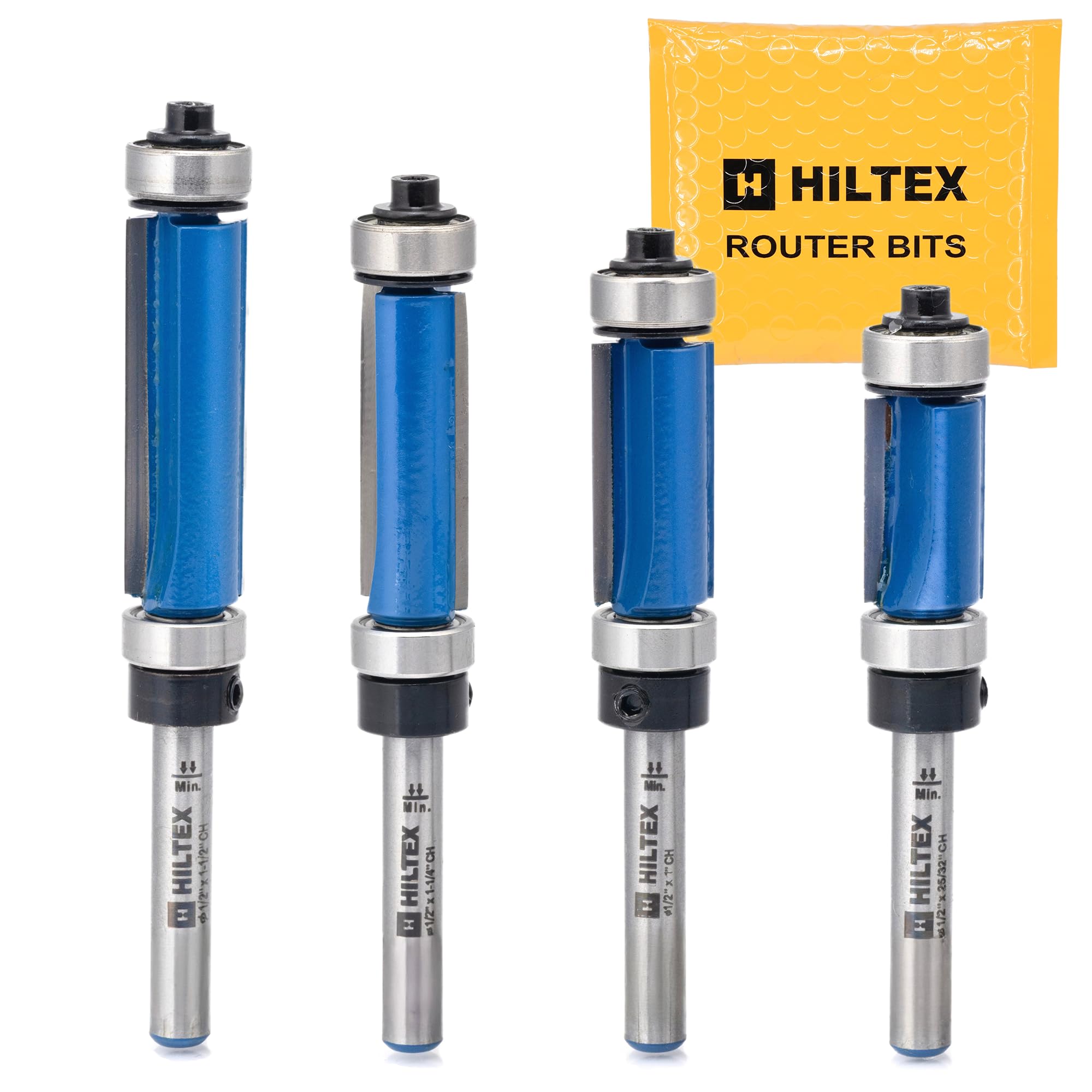 HILTEX 10104H - Juego de brocas de fresadora con patrón de rodamiento superior e inferior, 4 piezas, vástago de 1/4 pulgada, herramienta de carpintería CNC, diámetro de corte de 1/2 pulgada, longitud