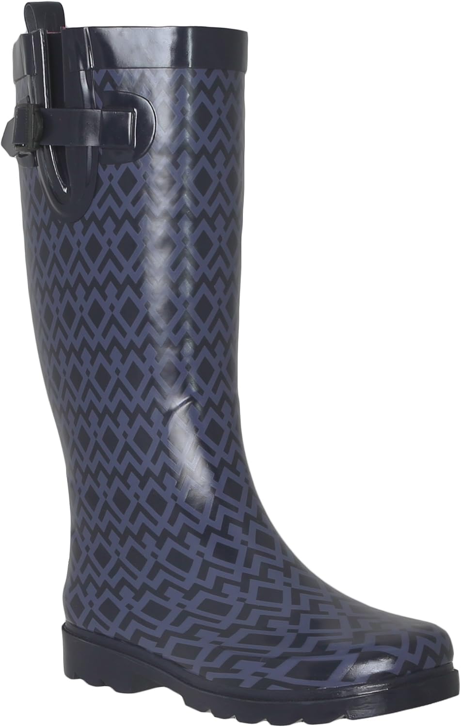 Capelli New York Ladies Shiny Tall Rubber Cozy Lined Rain Boots Geo Print Navy Combo Size 7