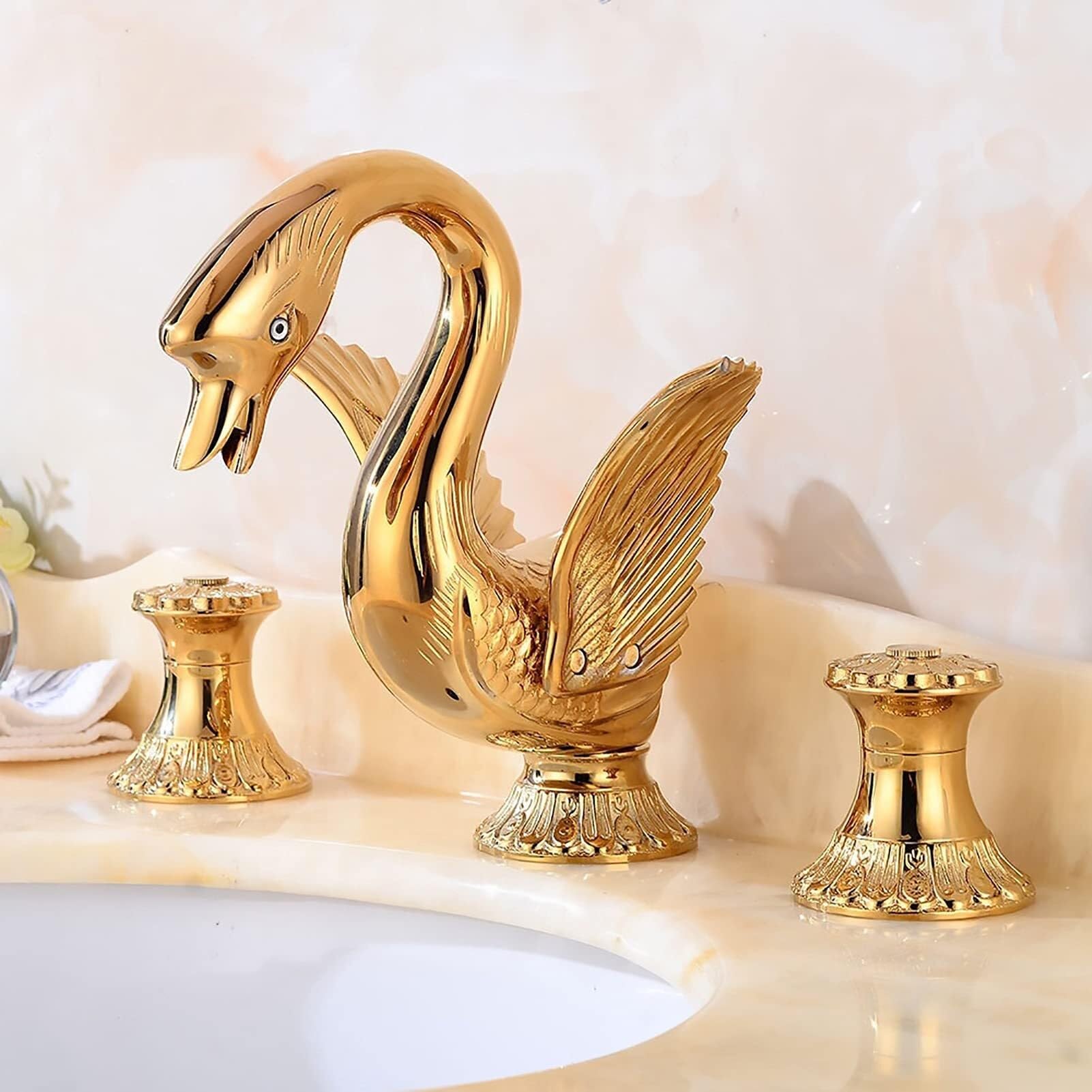 Bathroom Sink Faucet Deck-Mounted Widespread Golden 3 Pcs Bathroom Swan Basin Faucet Lavatory Basin Sink Mixer Luxury Style