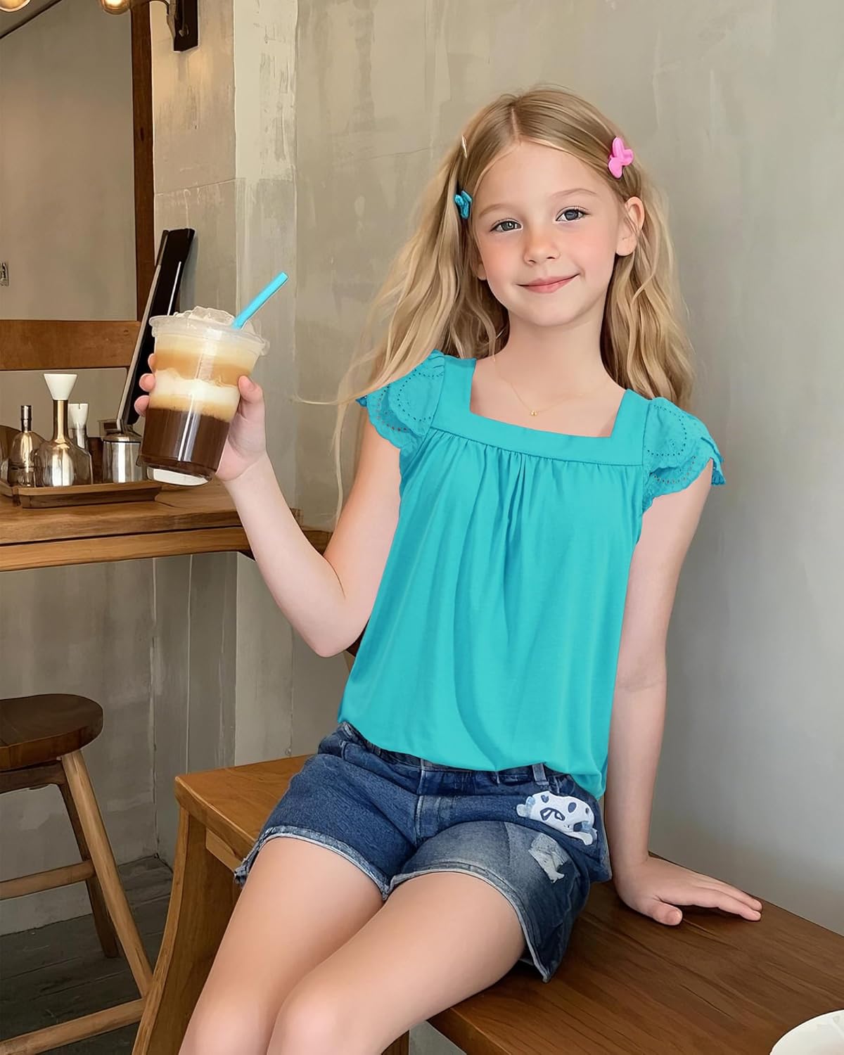 KEREDA Girls Short Sleeve Shirts Summer Tunic Tops Lace Openwork Ruffled Girls Cute Square Neck Clothes Blouse 5-14 Years - Image 3