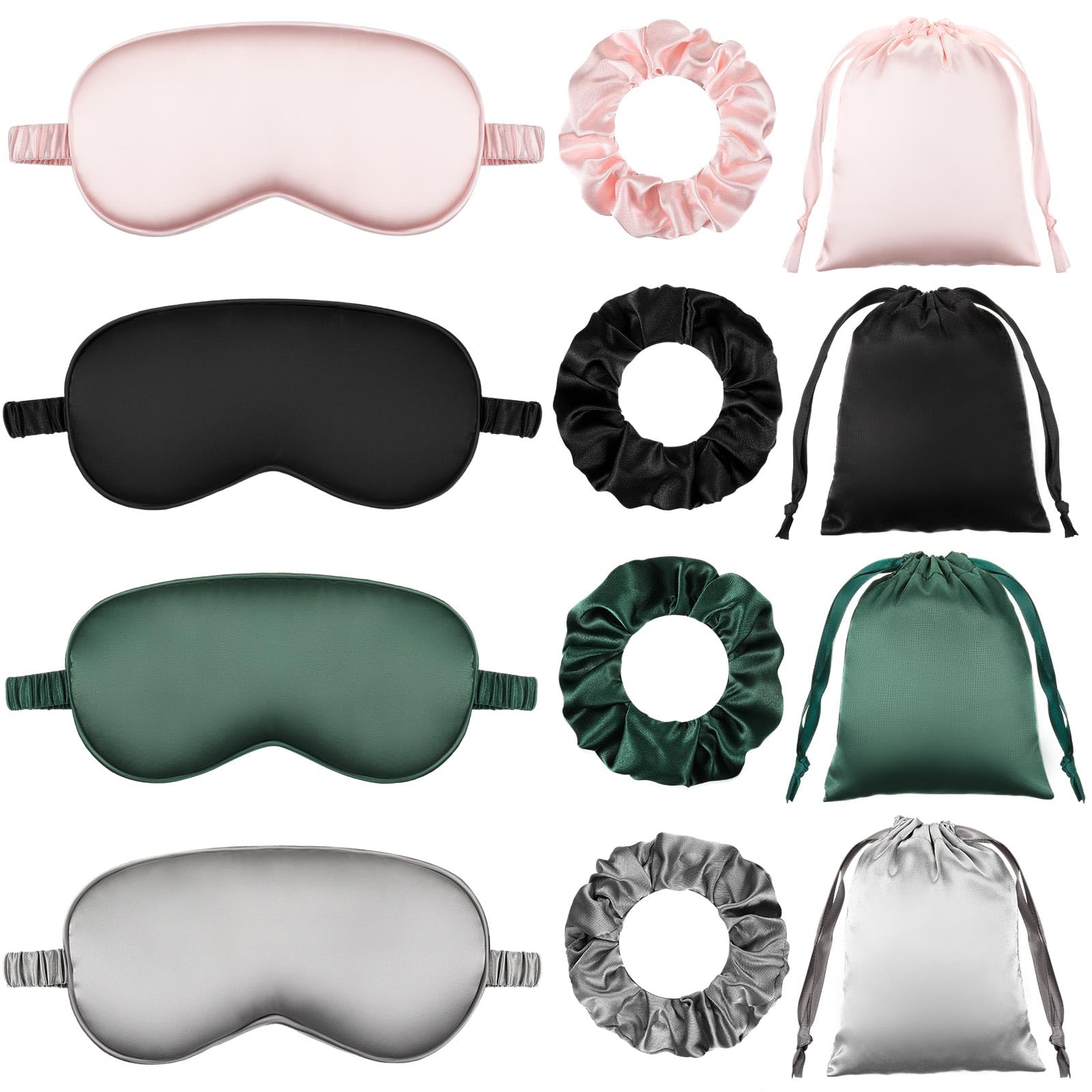 XunYee Satin-Schlafmaske, lichtblockierend, weiche Seidenimitat, inklusive Reisetasche und Haarbänder, Nacht-Augenschatten für Damen, Herren, Seitenschläfer, Reisen, Rosa, Silbergrau, Grün, Schwarz, 4