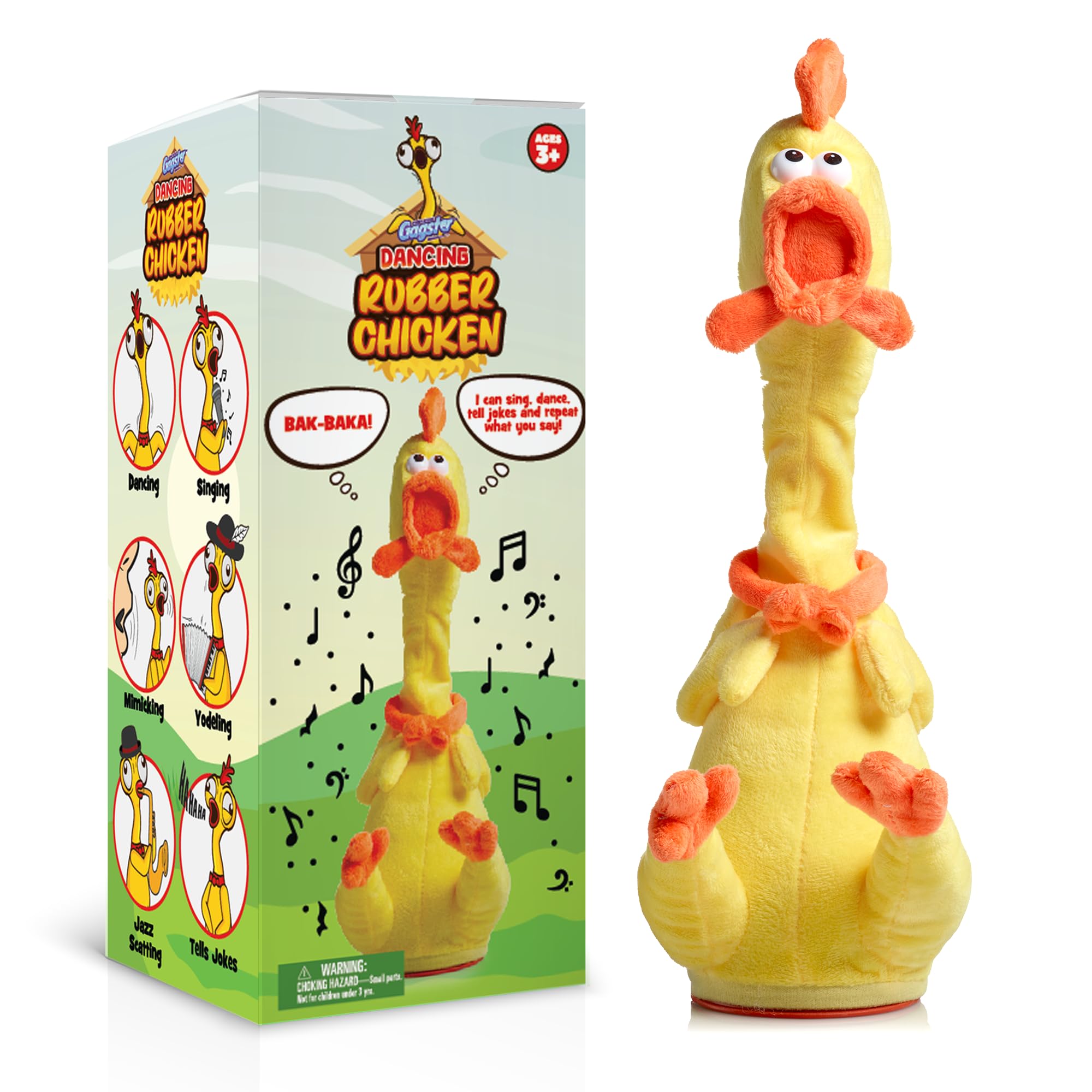 Gagster Rubber Chicken Dancing Toy - Mimicking Toy for Kids - That Repeats What You Say & Tells Jokes, Singing & Talking, Electronic Yodeling for Anyone Who Loves Talking and Funny Gag Gifts