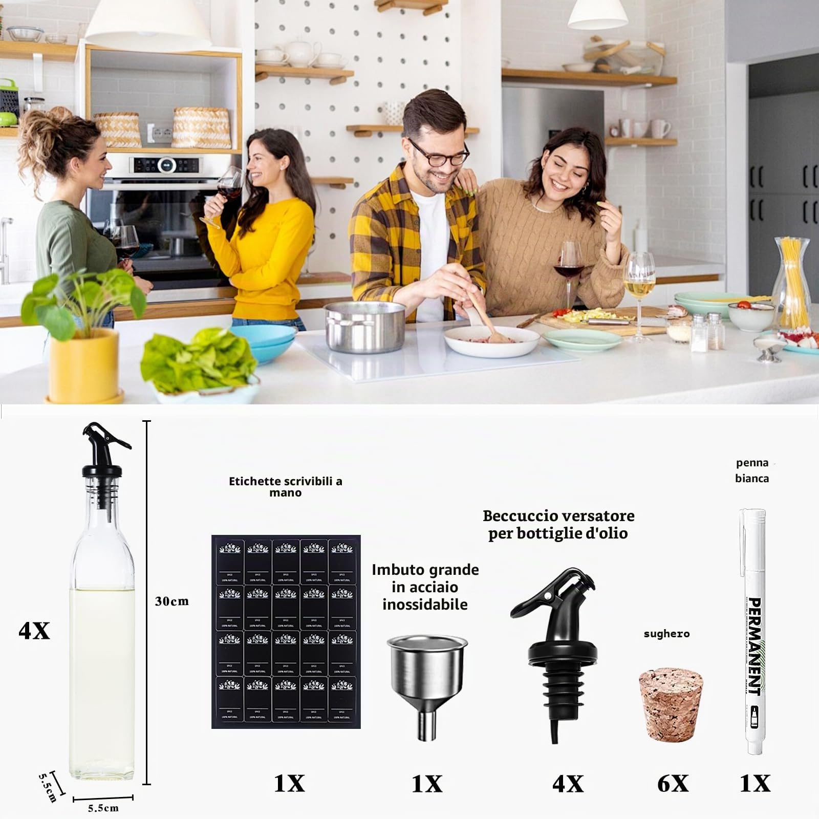 SAEIV Bottiglia per Olio 4x500ml con Portabottiglie Bambù Giallo Caldo, Dosatore Olio Vetro Borosilicato Alto, Oliera Salvagoccia Porta Olio Bottiglia Olio Bottiglie per Olio con Accessori Completi