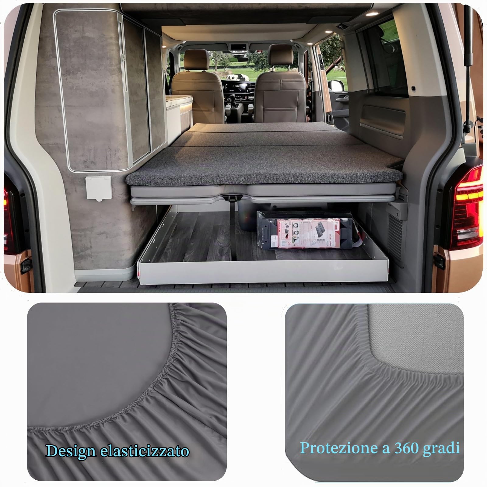 Lenzuola Camper per VW T5 T6 T6.1 Ocean Letto Pieghevole | Morbido, Bordo Elastico a 360°, Grigio, Coprimaterasso, Fodera Protettiva per Letto Camper