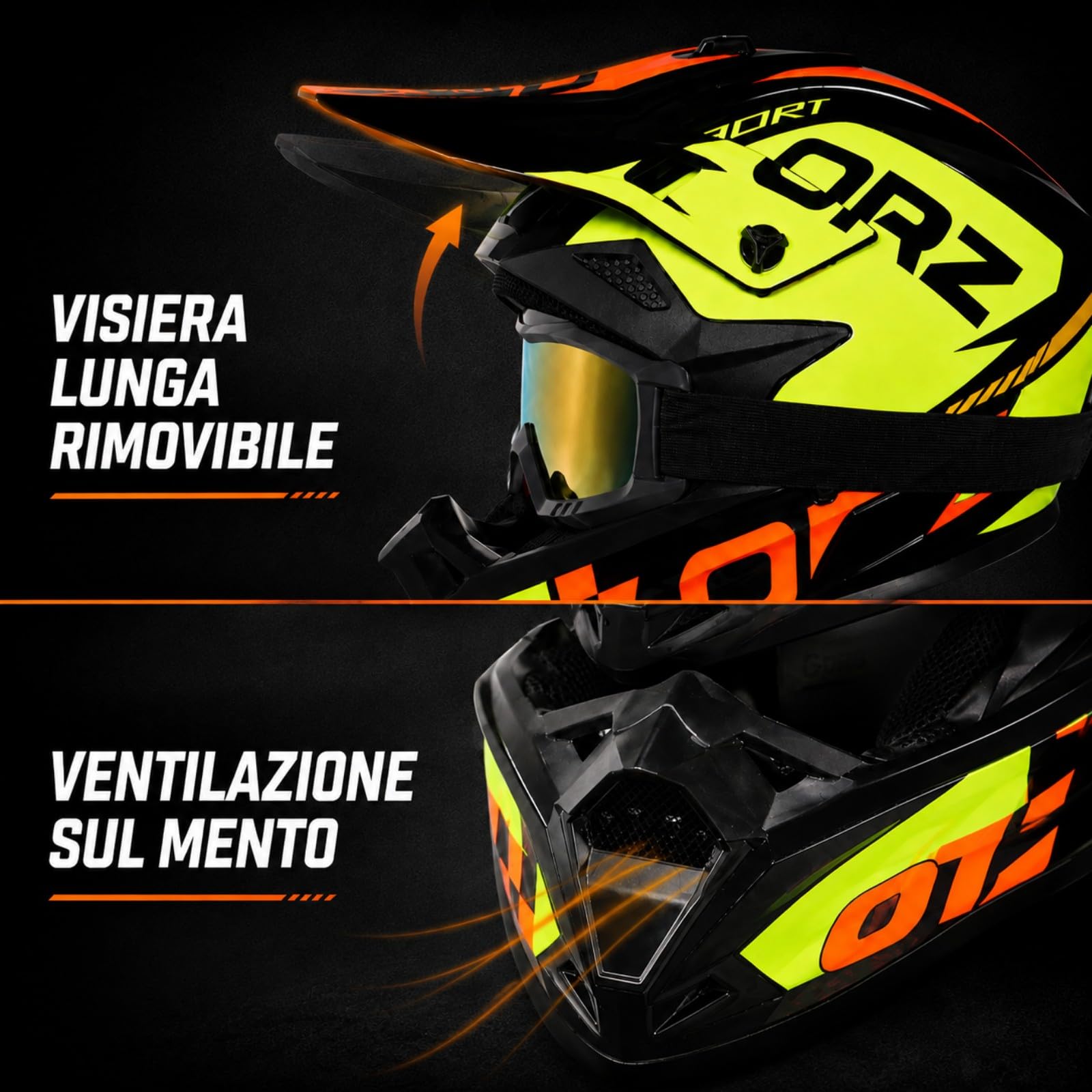 Casco Cross giallo neon, nero e arancione con Occhiali e Guanti