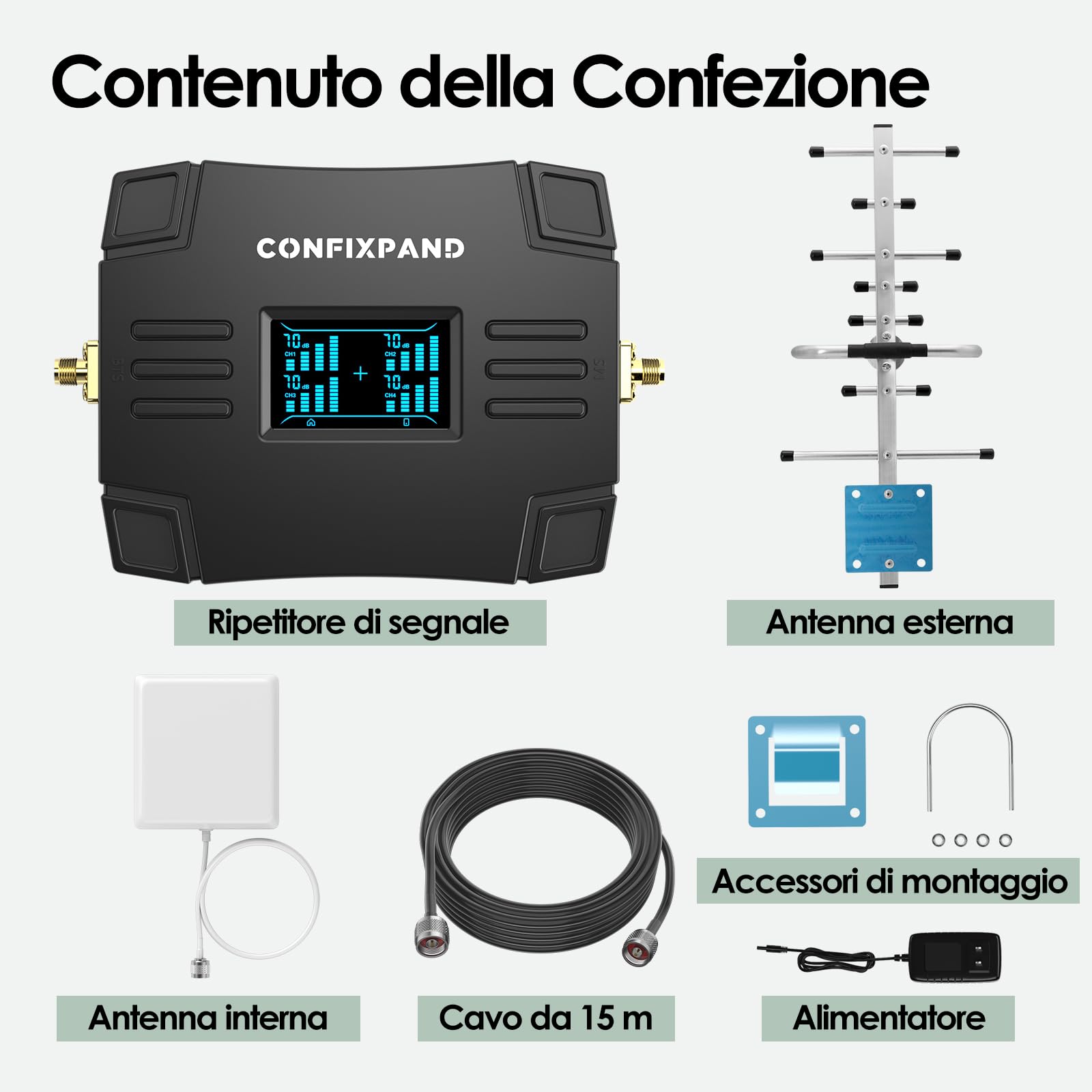 Amplificatore Segnale Cellulare 4G 3G Banda 20/1/3/8 Ripetitore Segnale Cellulare Guadagno70 dB Ripetitore 4G per Operatori Europei Tre, TIM, Vodafone, Iliad, Con Schermo LCD ad Alta Definizione