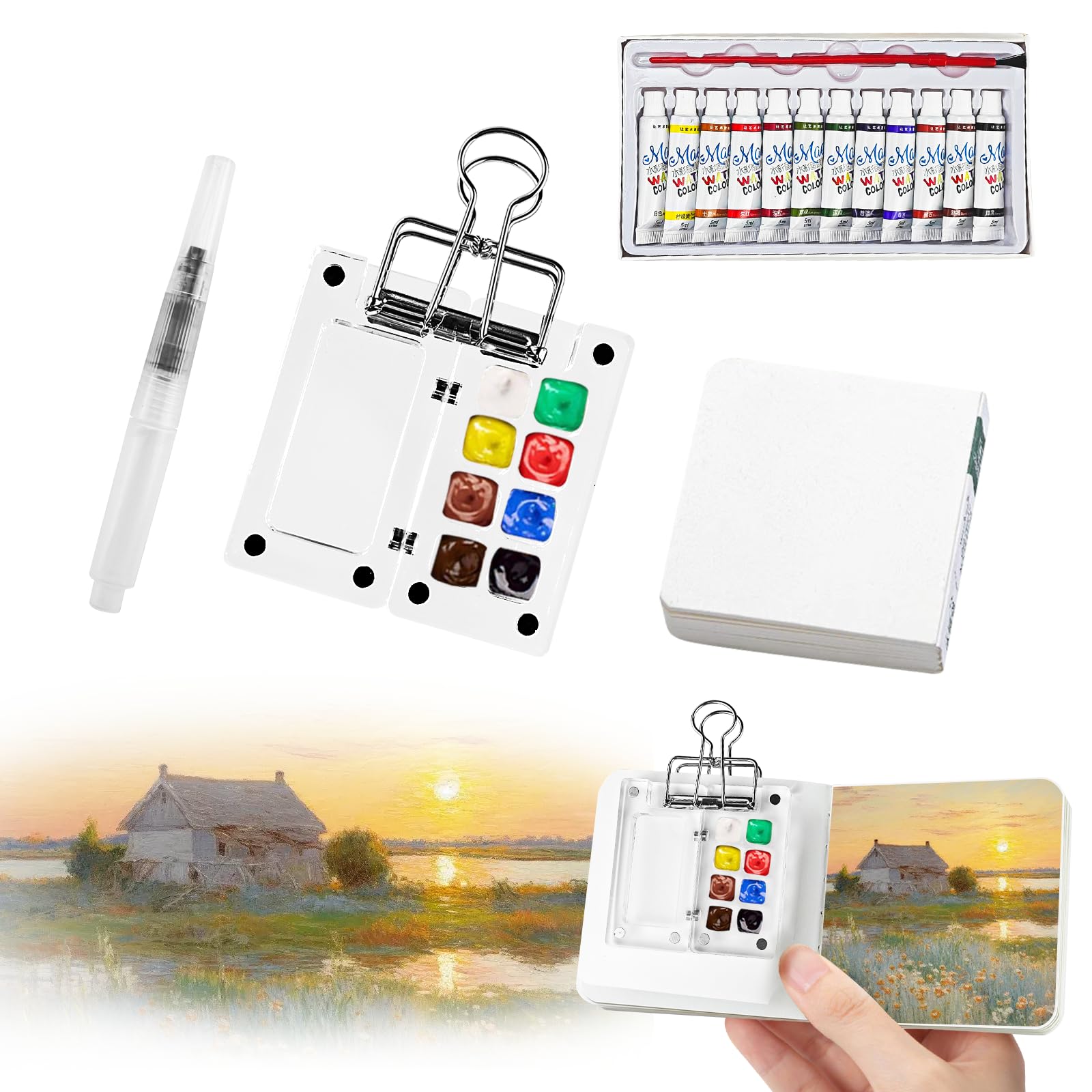 Eliphontowne White Sketchbook (Acrylic Palette) 5 Pcs Pocket Artist Watercolour Travel Set - 8 Grids Travel Watercolour Paint Set Portable, Mini Watercolour Paint Sets With Foldable Acrylic Palette, Sketchbook, Brush, Paint (White