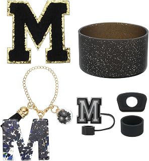 uxcell 6Pcs Cup Accessories Set for Cup Tumbler with Handle, Including Silicone Straw Cover, Boot, Spill Proof Stopper, Handle Charm, Initials Sticker(Letter M, Black)