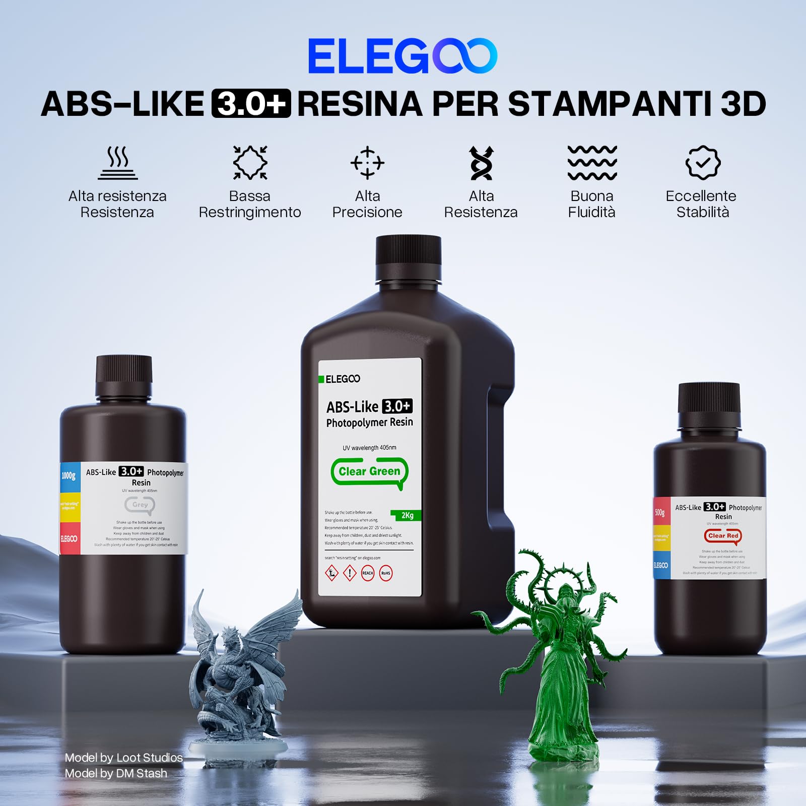 ELEGOO ABS-Like Resina 3.0+, Resina Fotopolimerica Aggiornata per Stampanti 3D, Maggiore Resistenza al Calore, Polimerizzazione Rapida e Alta Precisione, Non Fragile, Grigio 1000g