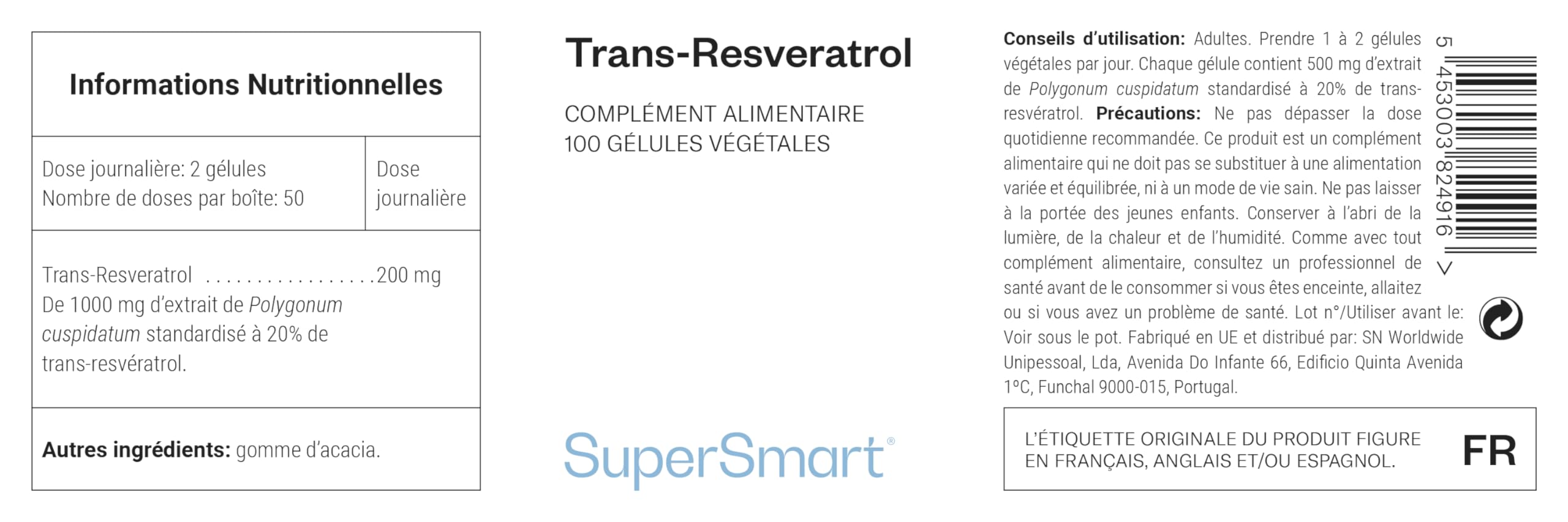 Trans-Resveratrol - Extrait de la Racine de Hu Zhang - Contribue à Lutter Contre le Stress Oxydatif et les Inflammations - Vegan - Sans Gluten - Supersmart
