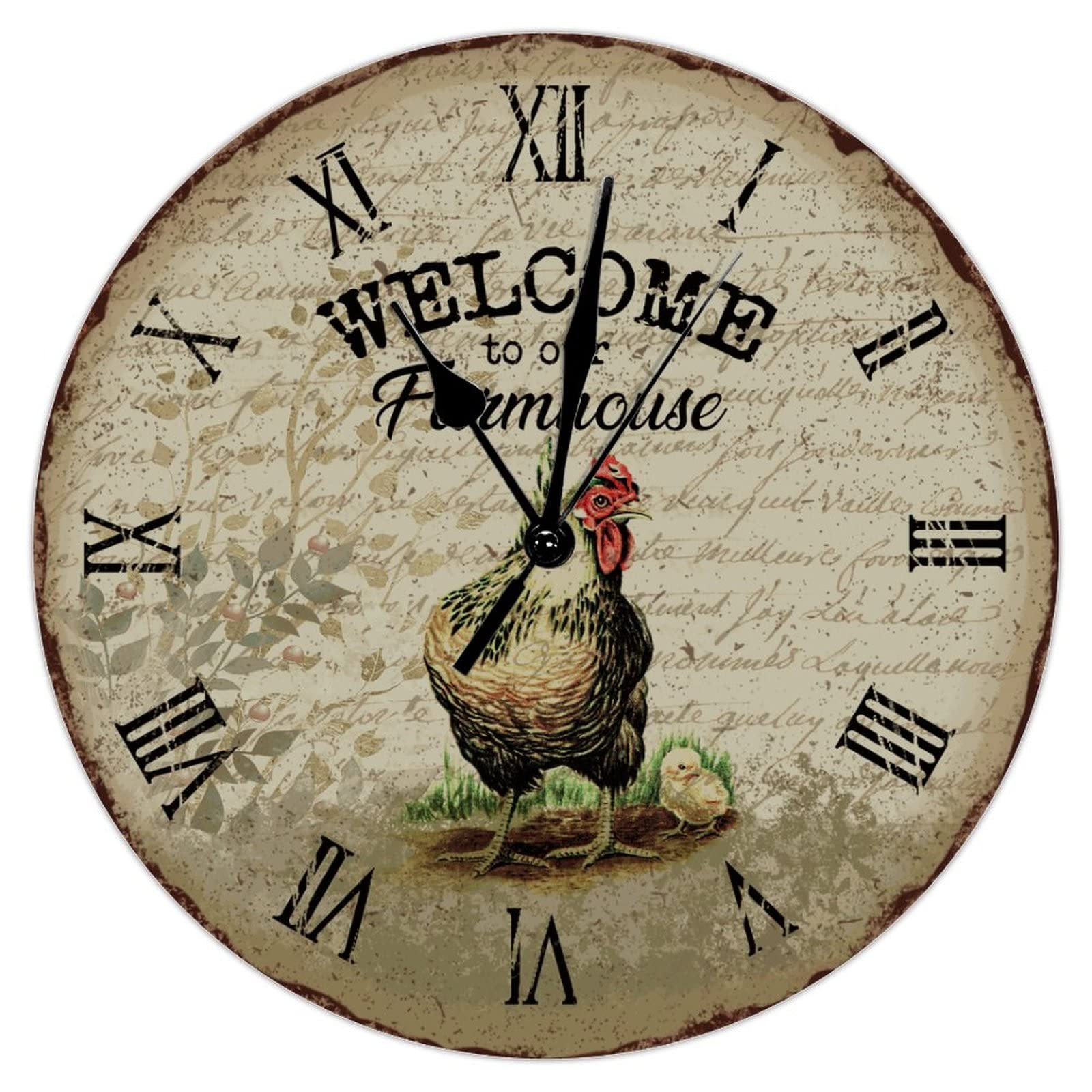 Horloge murale sans tic-tac en bois de 30 cm motif coq rétro