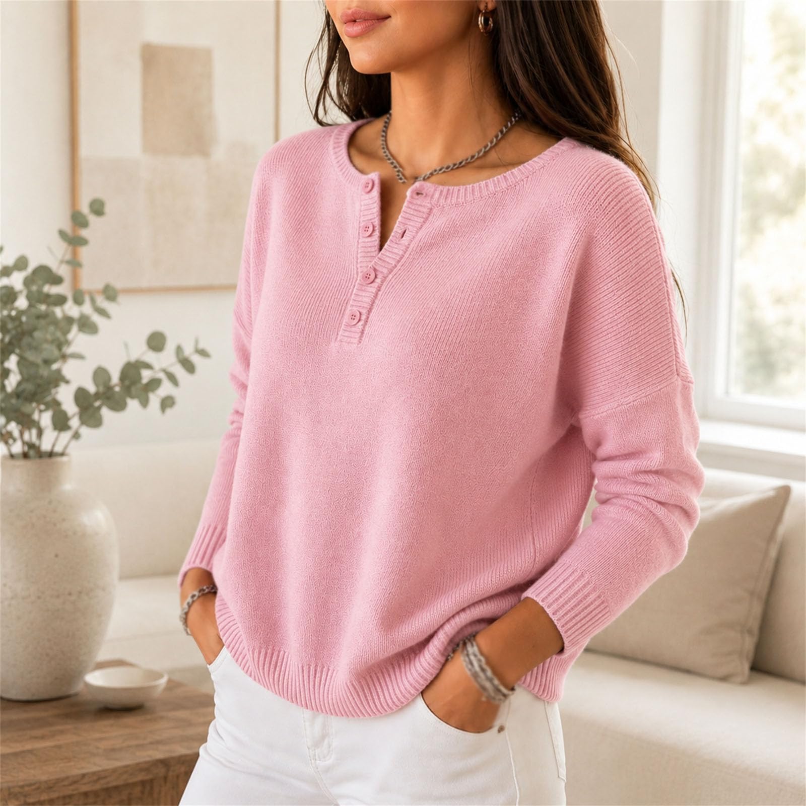Damski sweter Henley z długim rękawem okrągły dekolt luźny krój dzianinowy | Henley zapinana na guziki długi rękaw luźny sweter z dzianiny na co dzień jesienne stroje do pracy i weekendu