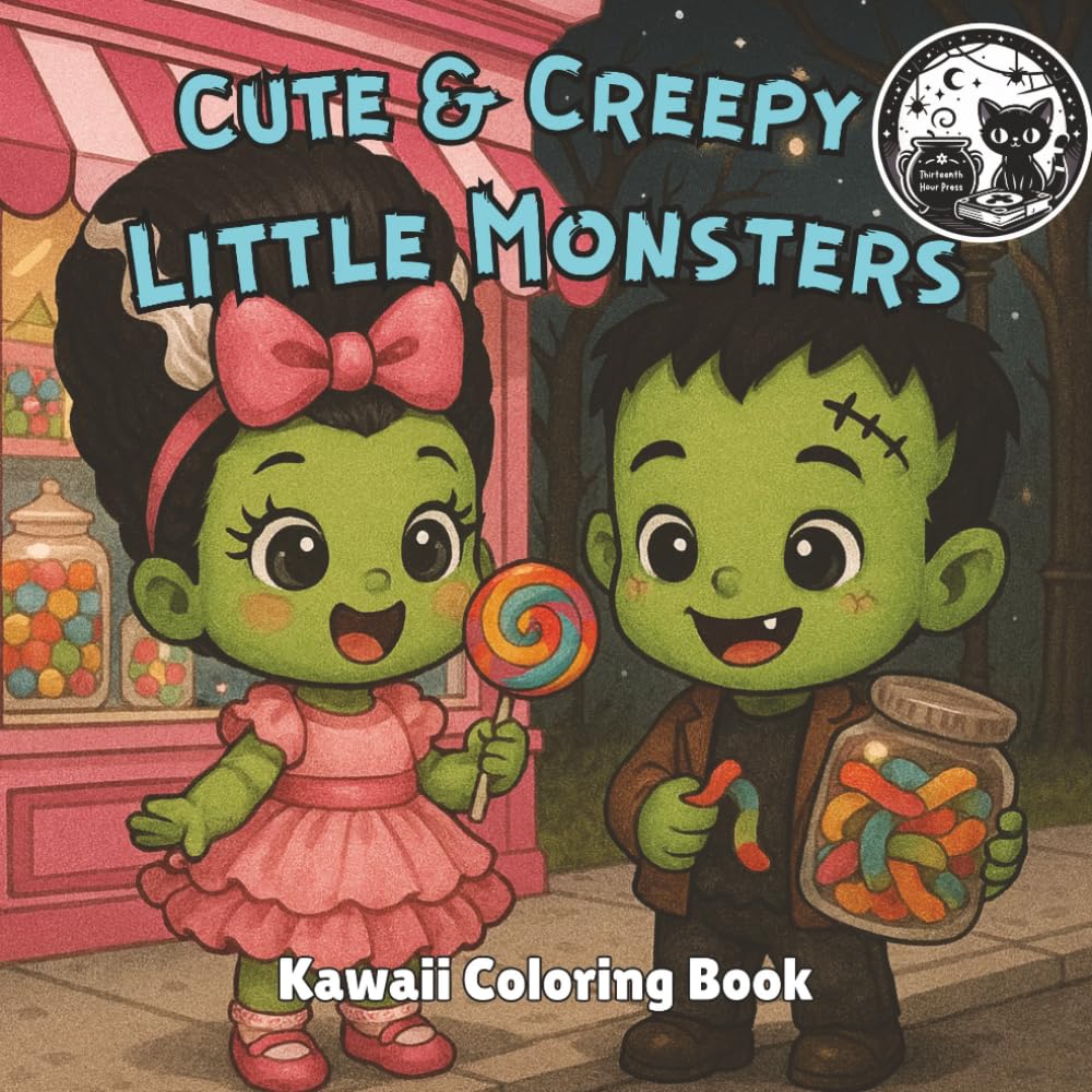 Cute and Creepy Little Classic Monsters Kawaii Coloring Book for Kids, Teens, and Adults: Adorable Spooky Chibi Horror Monsters with Black Background for Fun and Relaxation