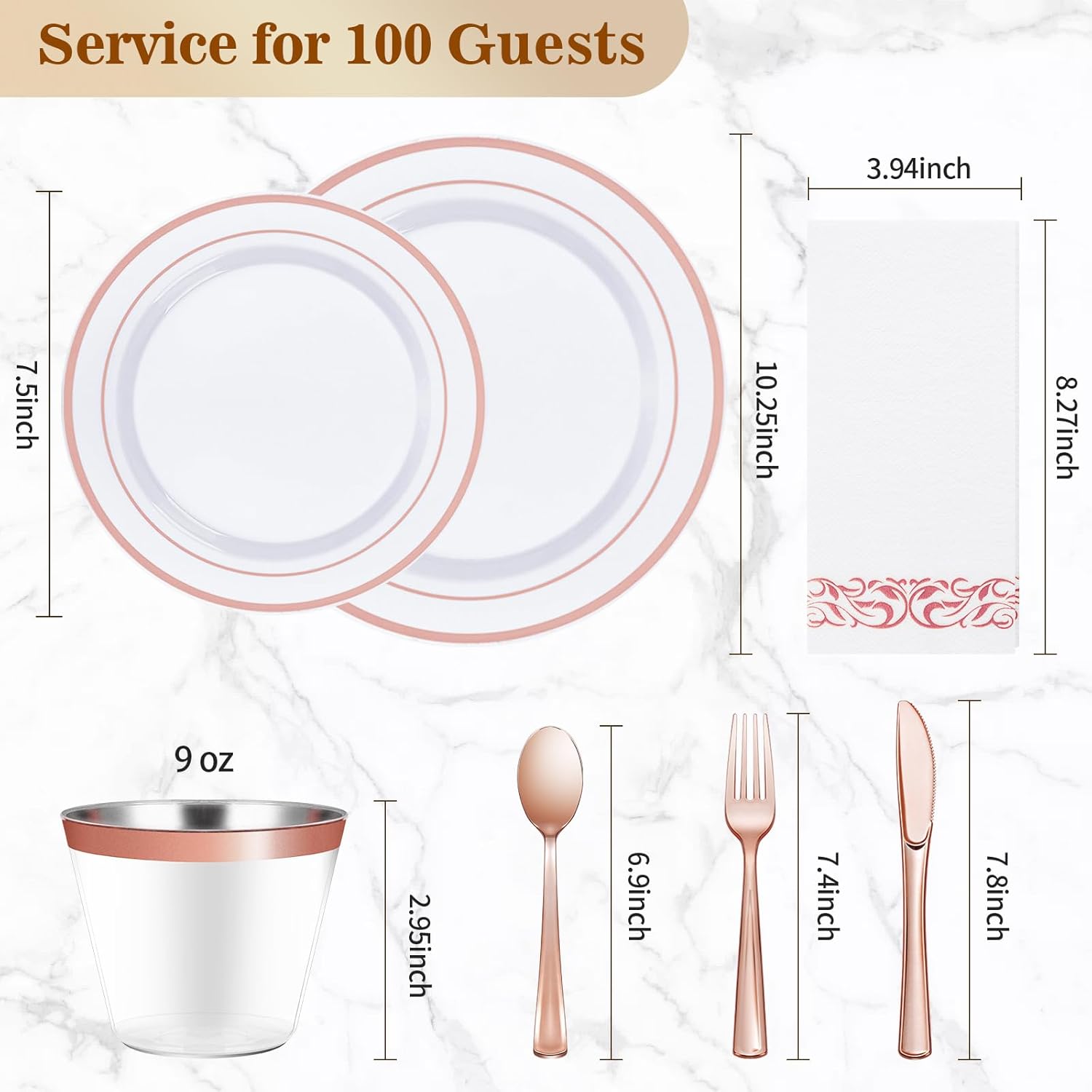 BESTVIP 700PCS Rose Gold Disposable Dinnerware Set for 100 Guests, Plastic Plates for Party, Wedding, Christmas, Include: 200 Plastic Plates, 100 Gold Silverware, 100 Cups, 100 Napkins