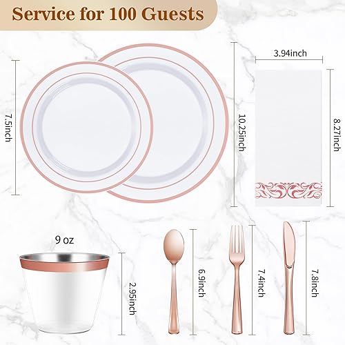 Miniatura 2 de BESTVIP Juego de vajilla desechable de oro rosa de 700 piezas (100 invitados), platos de plástico para fiestas, bodas, suministros de fiesta