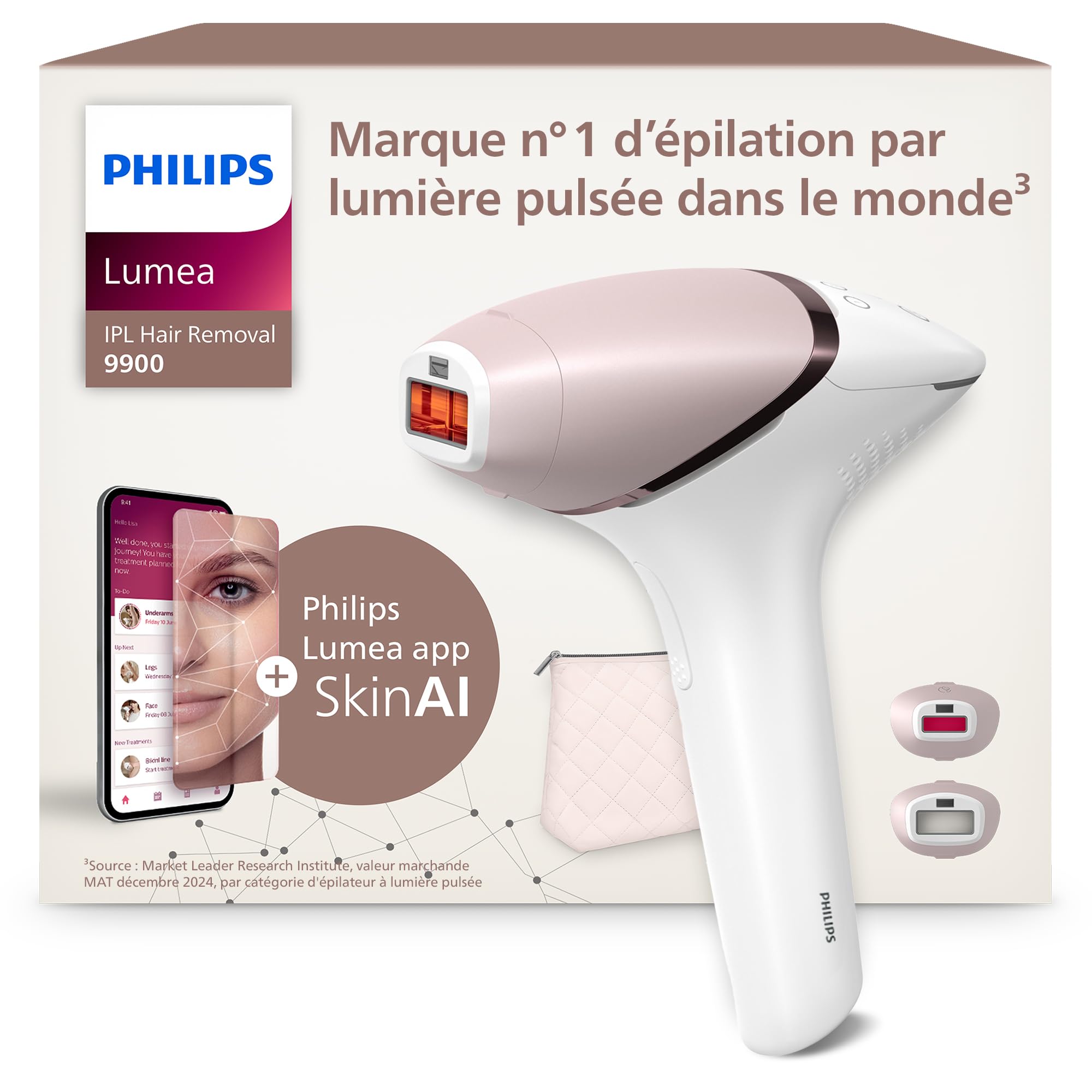 Philips Lumea série 9900 - épilateur à lumière pulsée, alternative à l'épilation laser, SenseIQ et SkinAI, 2 embouts pour le corps et le visage, BRI950/​02