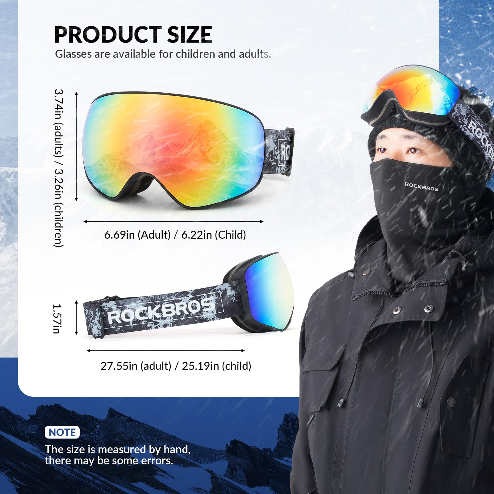 ROCKBROS Lunettes de Ski OTG pour Homme Femme et Enfant, Lunettes de Snowboard Cylindriques, Anti-buée, Anti-UV Masque de Ski Coupe-vent pour Garçon Fille Famille