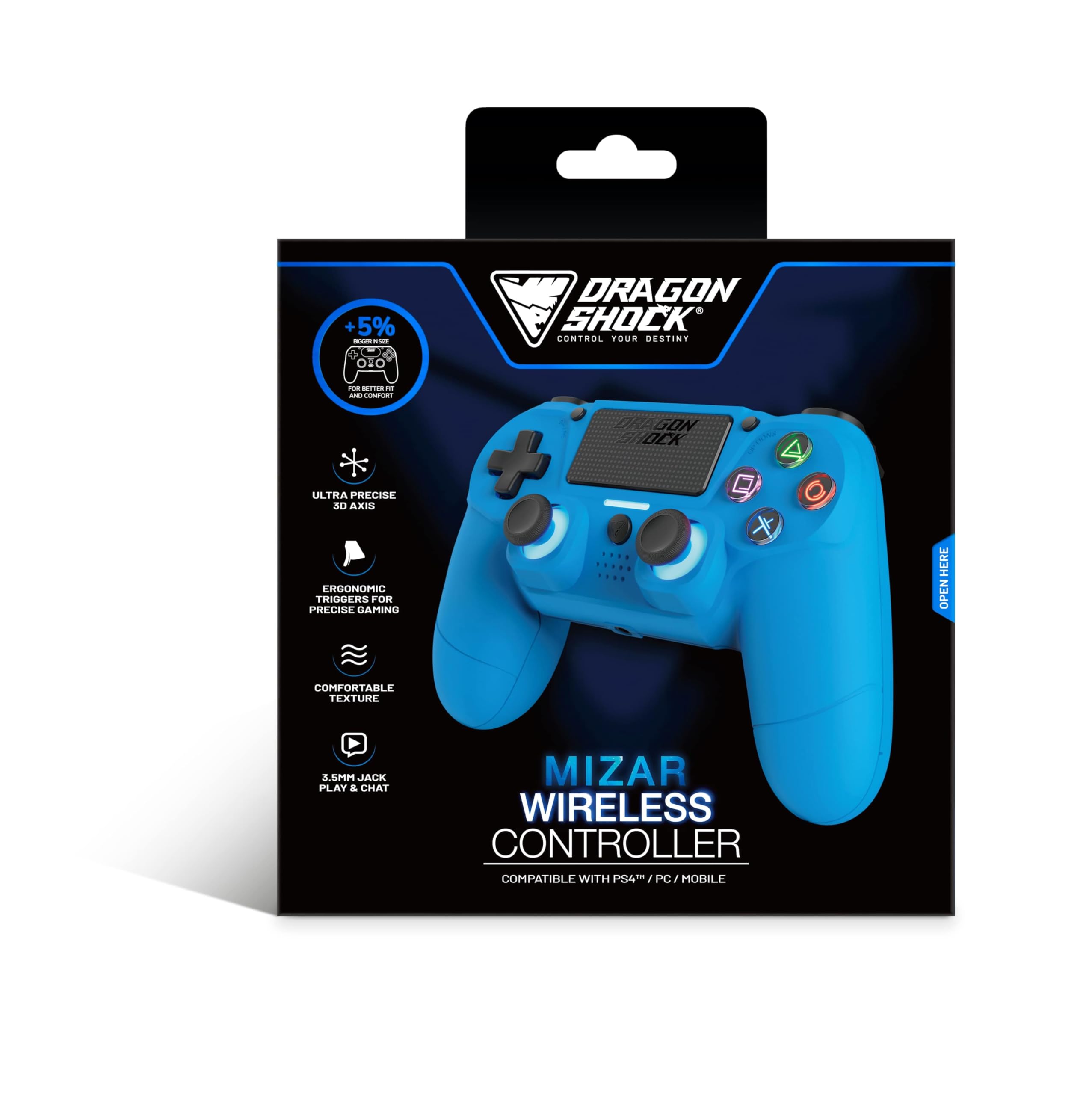 DragonShock Mizar Manette Sans Fil pour PS4 – Contrôleur Bluetooth Compatible PC & PS3 – Double Vibration, Batterie Rechargeable – Bleu