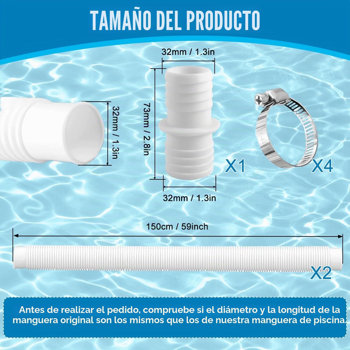 2 Piezas Manguera Piscina 32mm, 150cm Tubo Piscina con 4 x Clips de Seguridad y 1 x Conector de Manguera, Manguera para Bomba de Piscina para Piscinas Elevadas, Bomba de Filtro, Spa