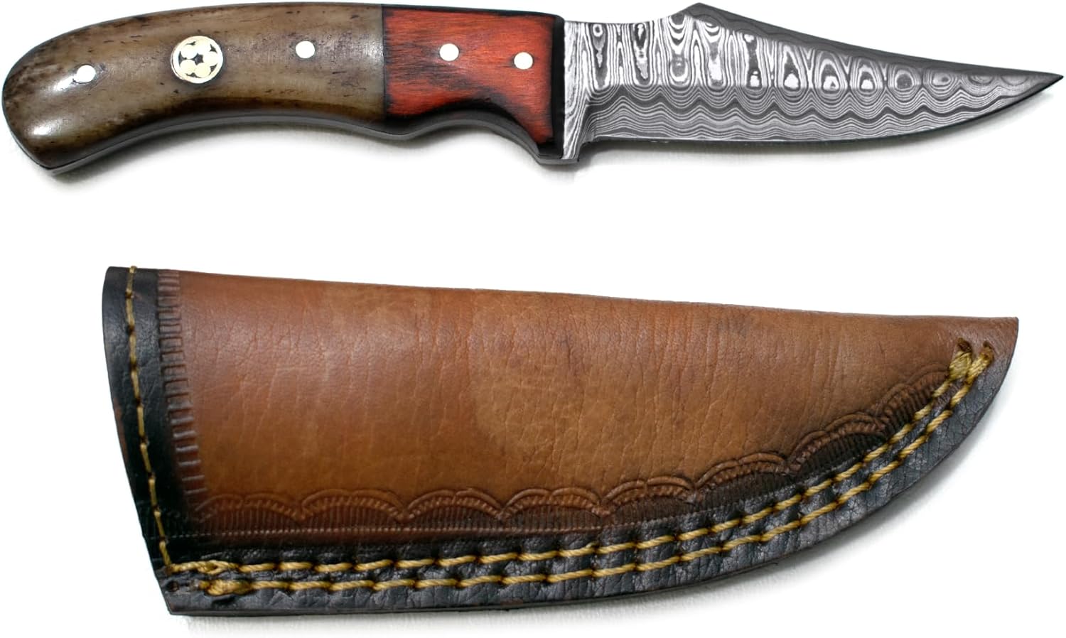 Titan International Knives Damascus Hunting and Skinner Knife | Fixed Blade Handmade 1095 4340 Carbon Mix Hand Pounded | Pekka Wood & Dyed Bone Handle Perfect for Hunting and Outdoor Camping with Leather Sheath