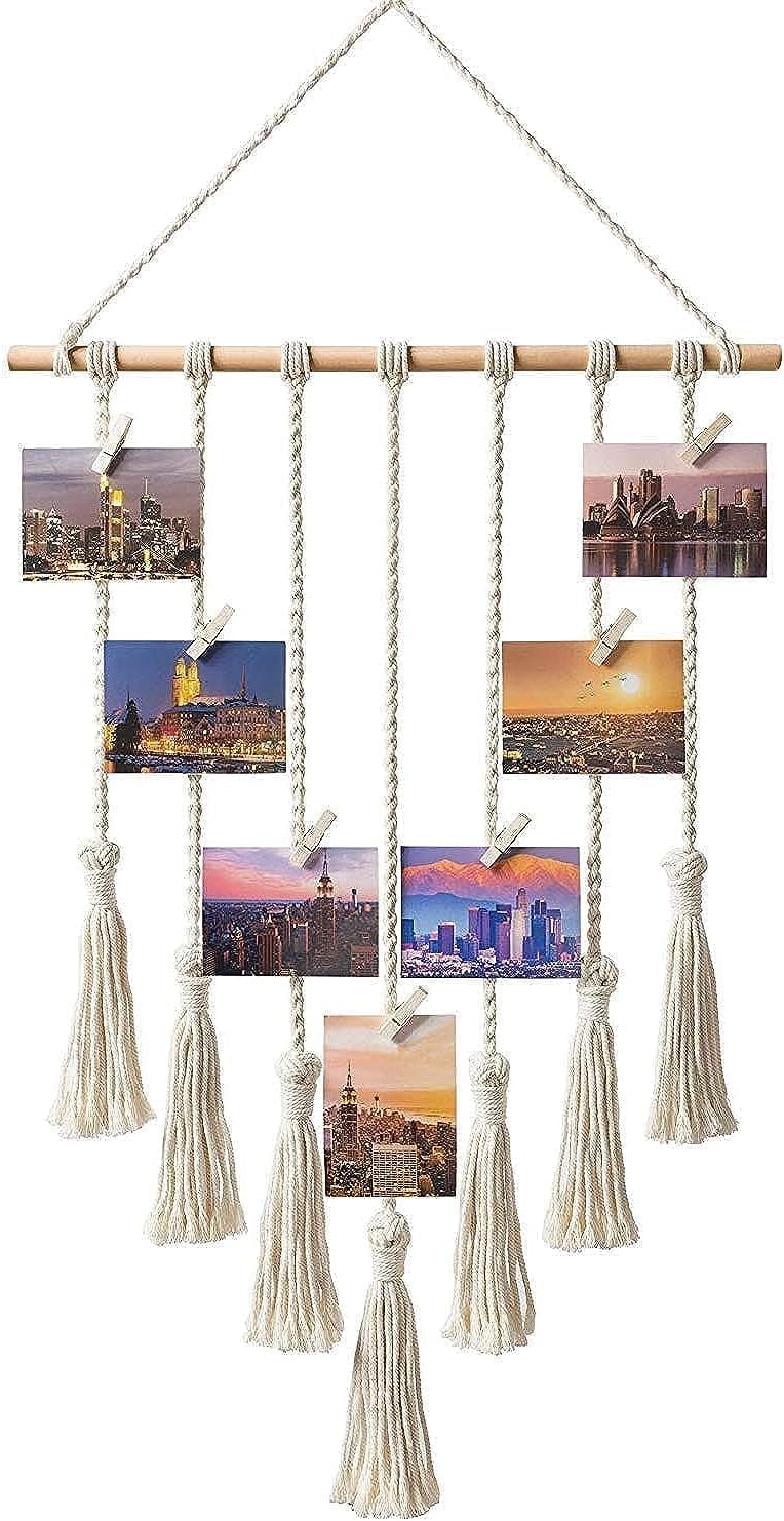 Hanging Photo Displays Macrame Wall Hanging Picture Organizer with 25 Wood Clips Boho Hone Decor for Home, Living Room, Bedroom, Best, Ivory White, 42.5" LÃ—17" W