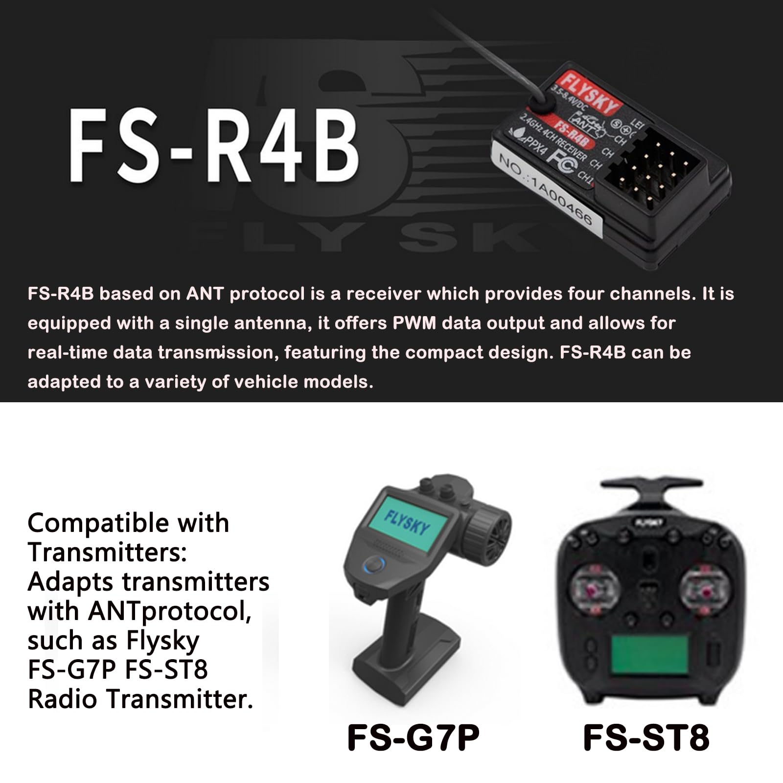 GoolRC Flysky FS-R4B Receiver, 2.4GHz 4CH Receiver ANT Protocol Single Antenna PWM Output Compatible with Flysky FS-G7P FS-ST8 Radio Transmitter for RC Car and Boat