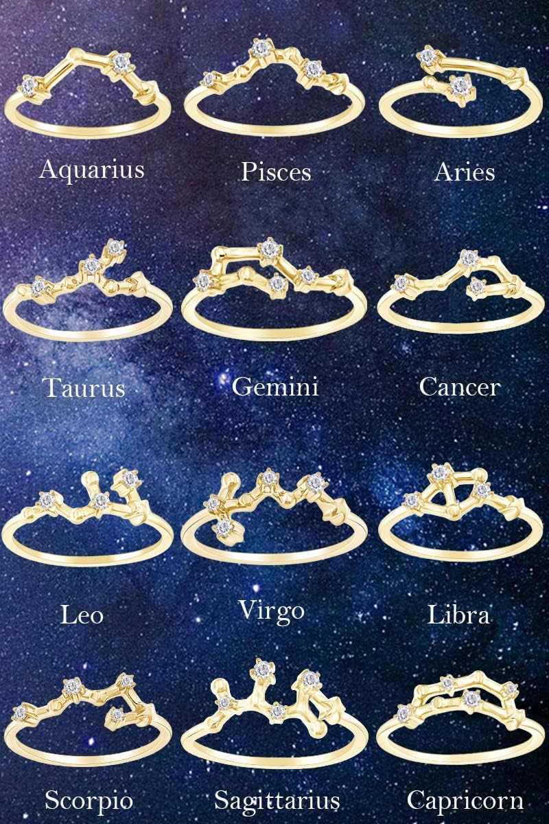 AFFY 1/10 Carat Natural Round Diamond Celestial Star Horoscope Astrology Zodiac Sign Ring In 14k Yellow Gold Over Sterling Silver (0.1 Cttw, H-I Color, I1-I2 Clarity)