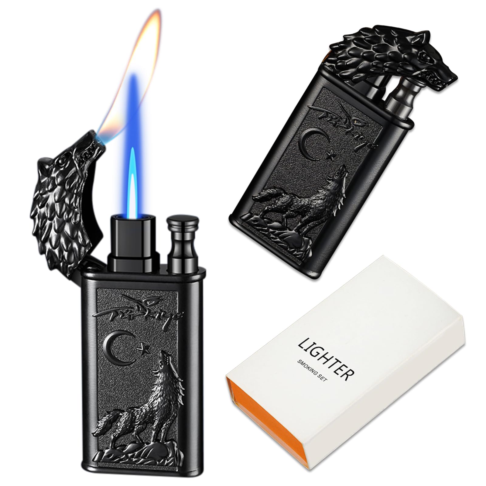 Briquet double flamme coupe-vent réglable au butane rechargeable pour bougies, barbecue, cuisine, camping (sans butane)