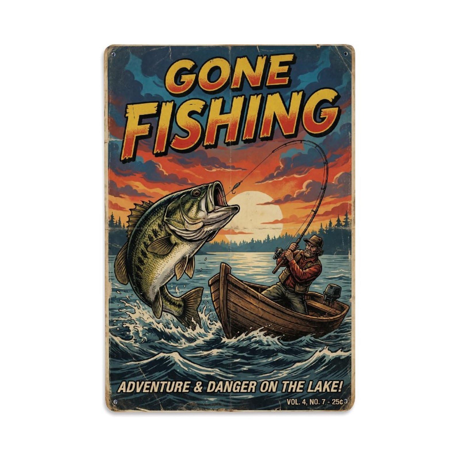 Gone Fishing Fishing Heaven Vintage Metal Tin Sign Plaque Wall Decor for Cafe, Club, Garden Metal Poster 8x12Inch