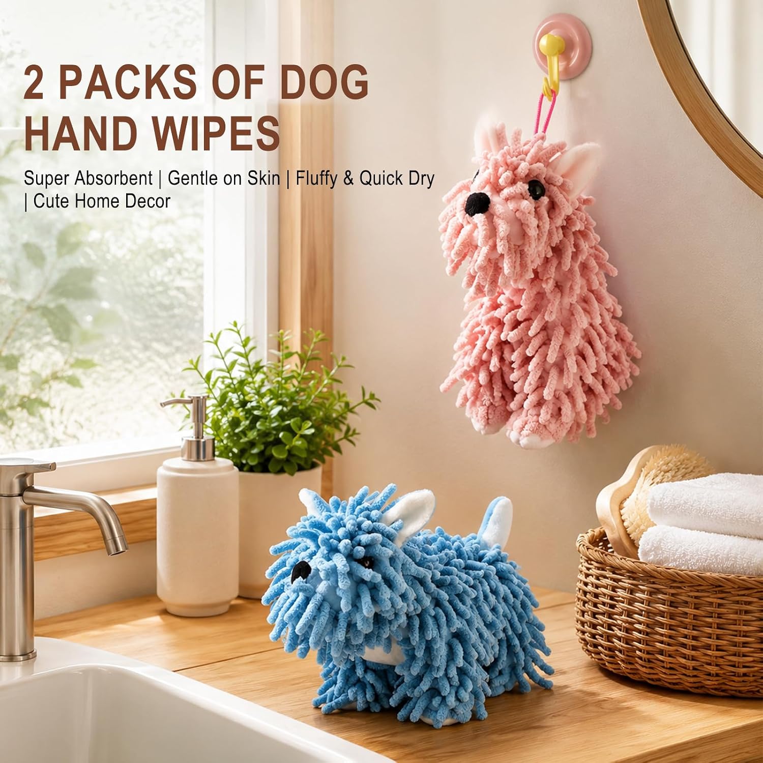 Chenille Towel Balls, 2 PCS Cute Cartoon Dog Plush Fuzzy Ball Hand Towel, Soft Absorbent with 2 Hanging Loops for Bathroom Kitchen Sink Countertop, Ideal Housewarming Gift, Pink Blue