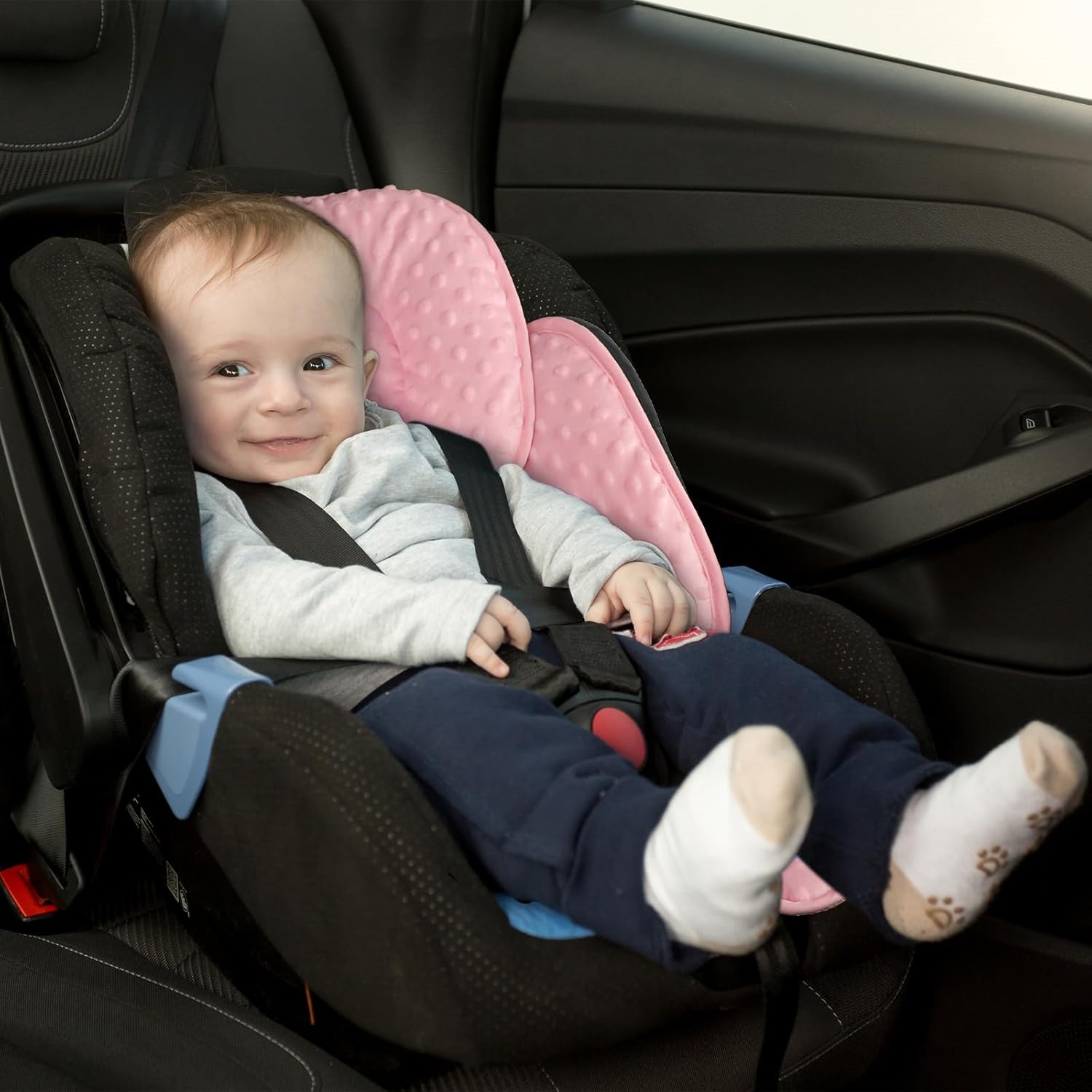 2-in-1 Baby Car Seat Cushion & Car Seat Strap Pads, Infant Car Seat Head Support & Strap Shoulder Covers, Car Seat Insert & Belt Covers for Newborn, Pink