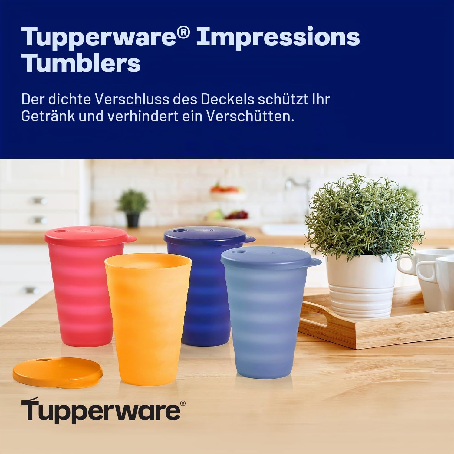 Tupperware Impressions Becher-Set, mehrfarbig, spülmaschinenfest, 4 Stück, BPA-frei, 4 Becher, 4 Deckel, je 17 Unzen Küche, Haushalt & Wohnen