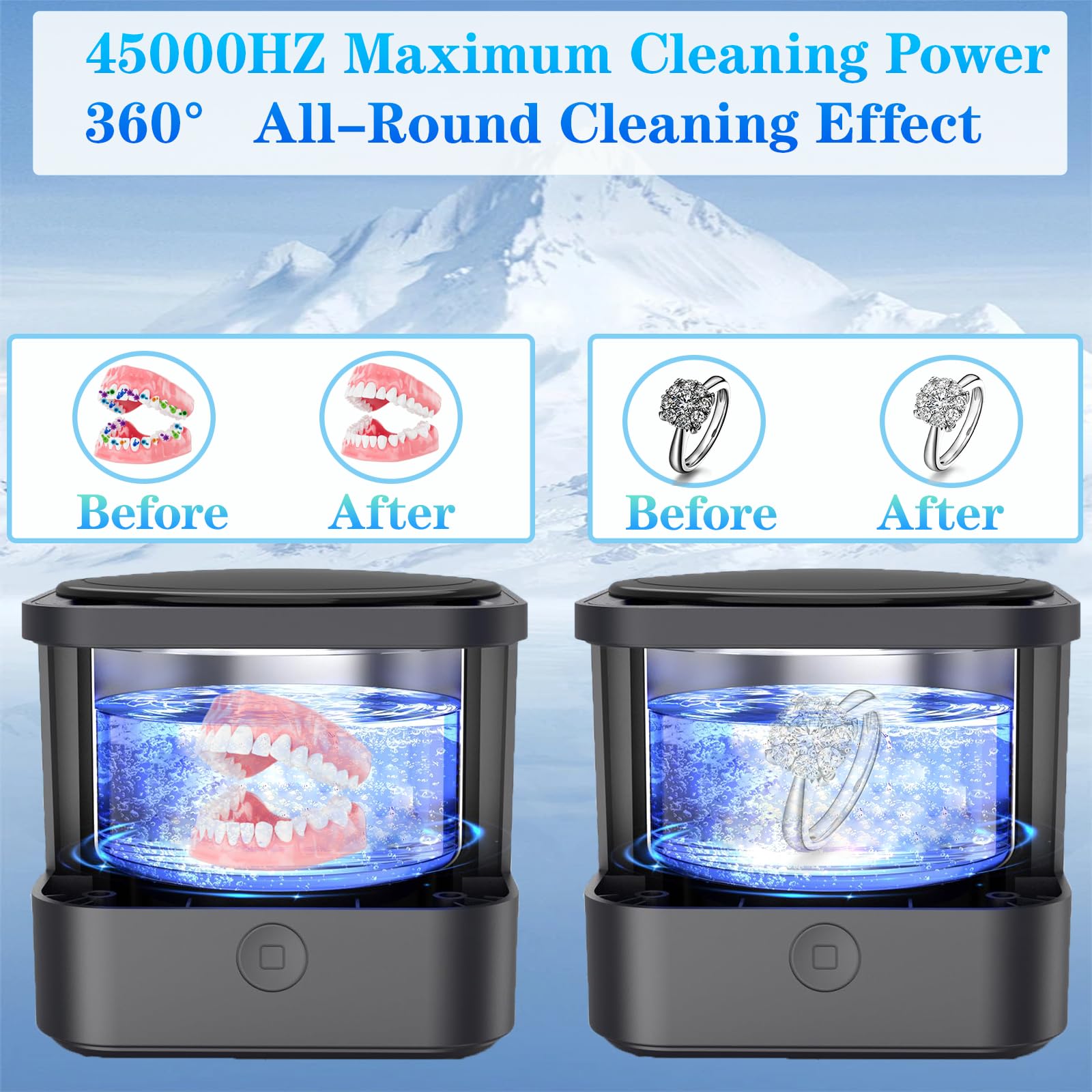 Limpiador Ultrasonidos,Ultrasonidos Limpieza 190 ML,Limpiador Ultrasonidos Dental 45 kHz,Adecuado Para Anillos, Diamantes, Aparatos De Ortodoncia, Prótesis, Aretes, Cabezales De Afeitar.