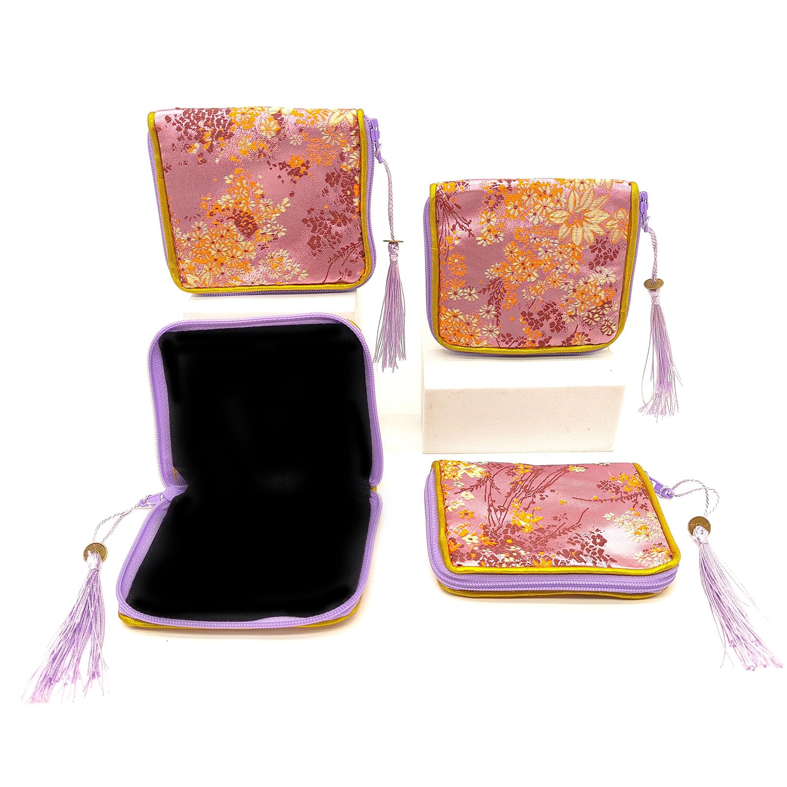 4pc Zipper Jewelry Pouches Brocade Cosmetic Bags Embroidered Coin Purses Wallets for Women
