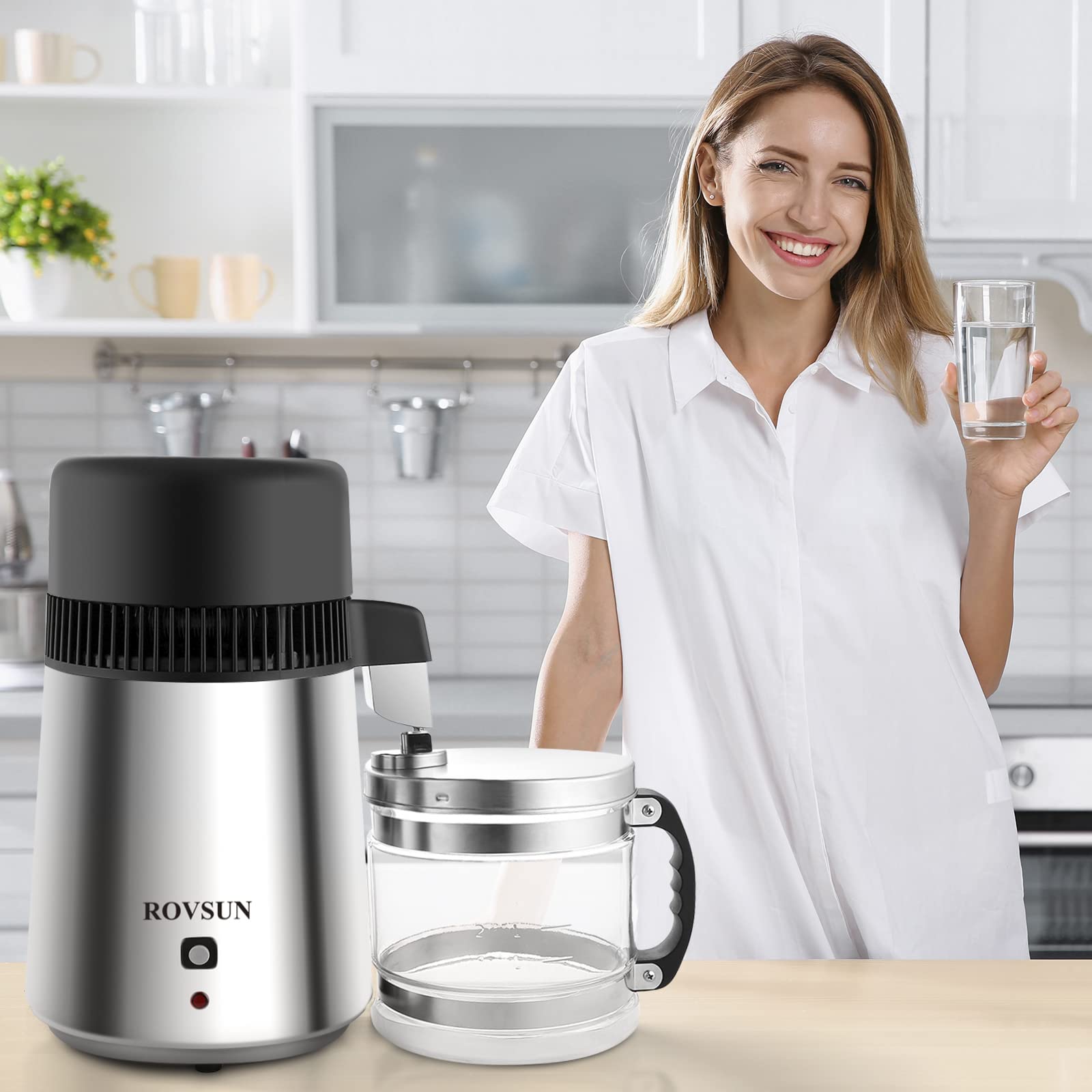 ROVSUN Destilador de agua de acero inoxidable de 4 litros, purificador de agua con destilación, 750 W, sobre encimera, para hogar y oficina