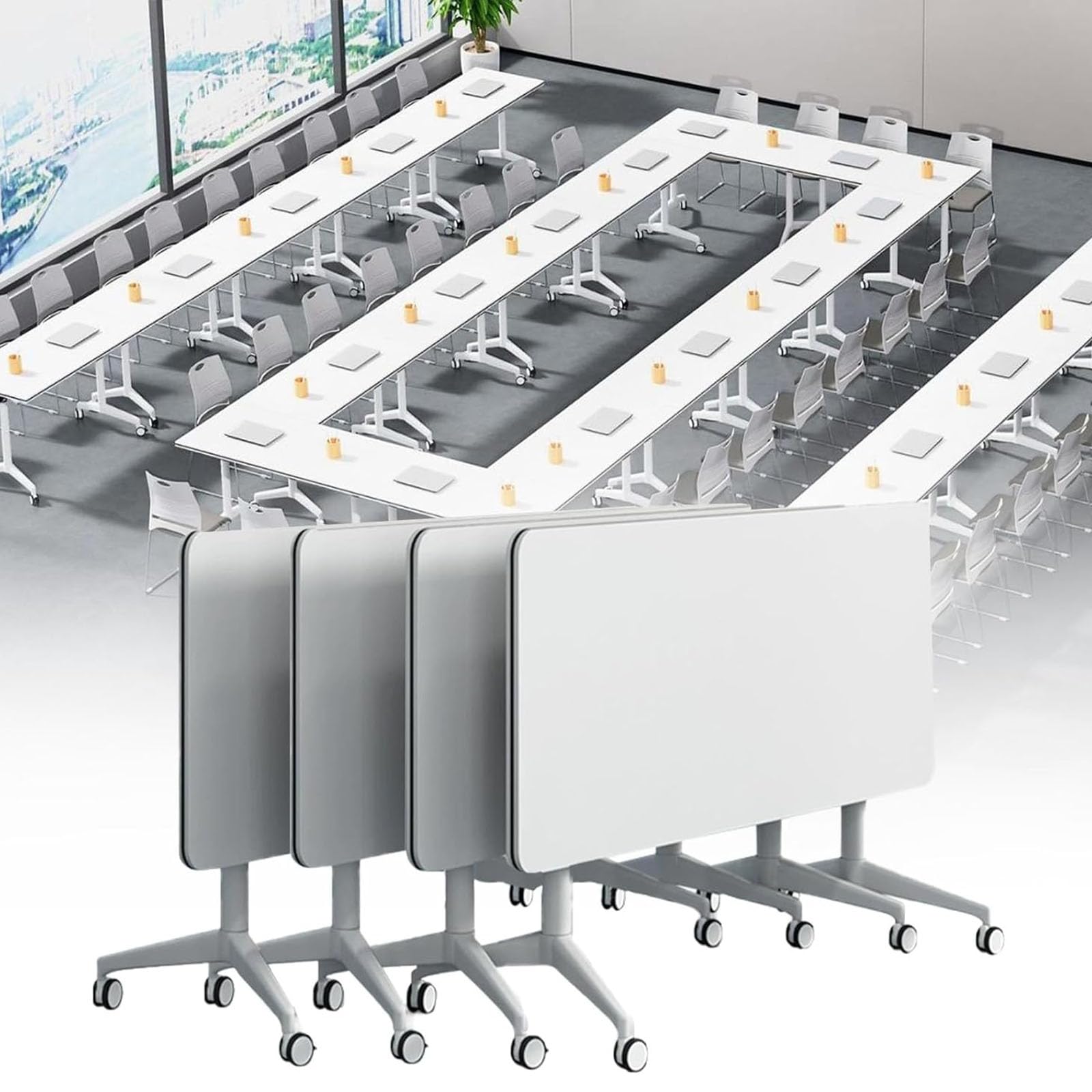 HTDRE Foldable Conference Table with Silent Wheels - Modern Flip Top Mobile Training Table Rectangle Meeting Table for Office Seminar and Group Training