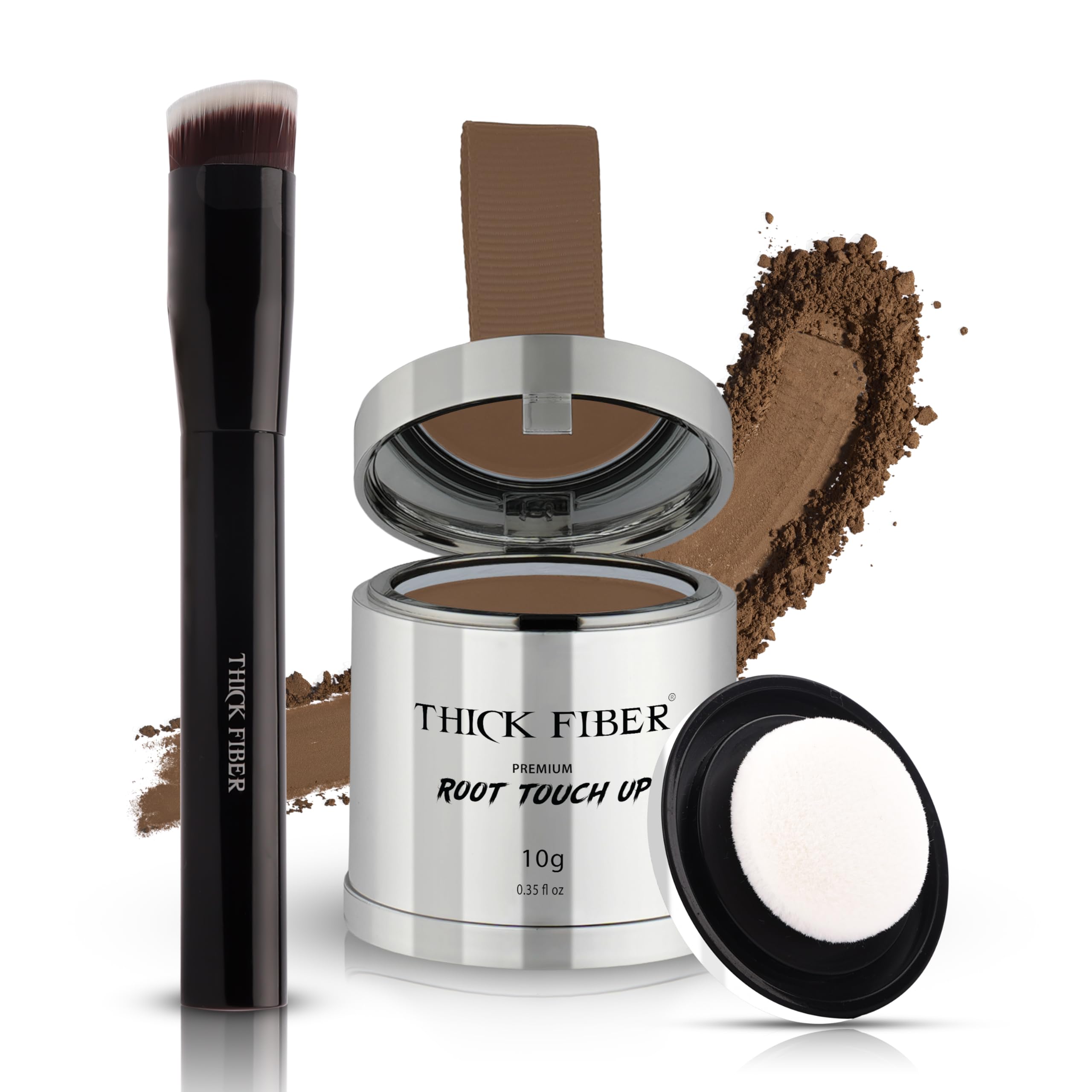 THICK FIBER Root Touch Up & Hairline Powder with Brush (LARGE 10g) Covers Grey Roots, Thinning Hair & Bald Spots Sweat & Water Resistant Hair Concealer for Women & Men (Light Brown)