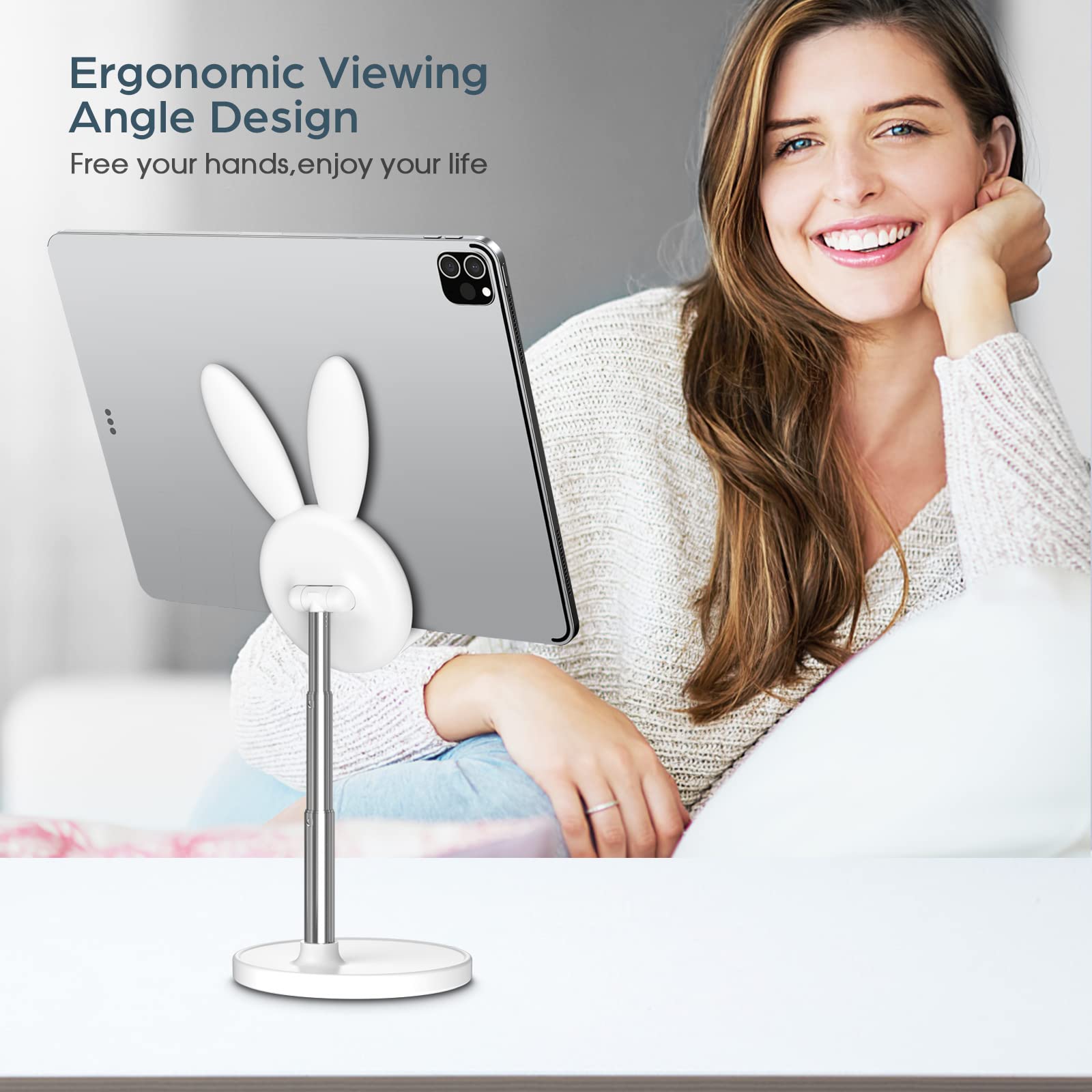 nediea Cell Phone Stand,Angle Height Adjustable Bunny Phone Stand for Desk,Cute Rabbit Phone Holder Stand for Desk, Compatible with All Mobile Phones, Tablets(4-10in) (): White