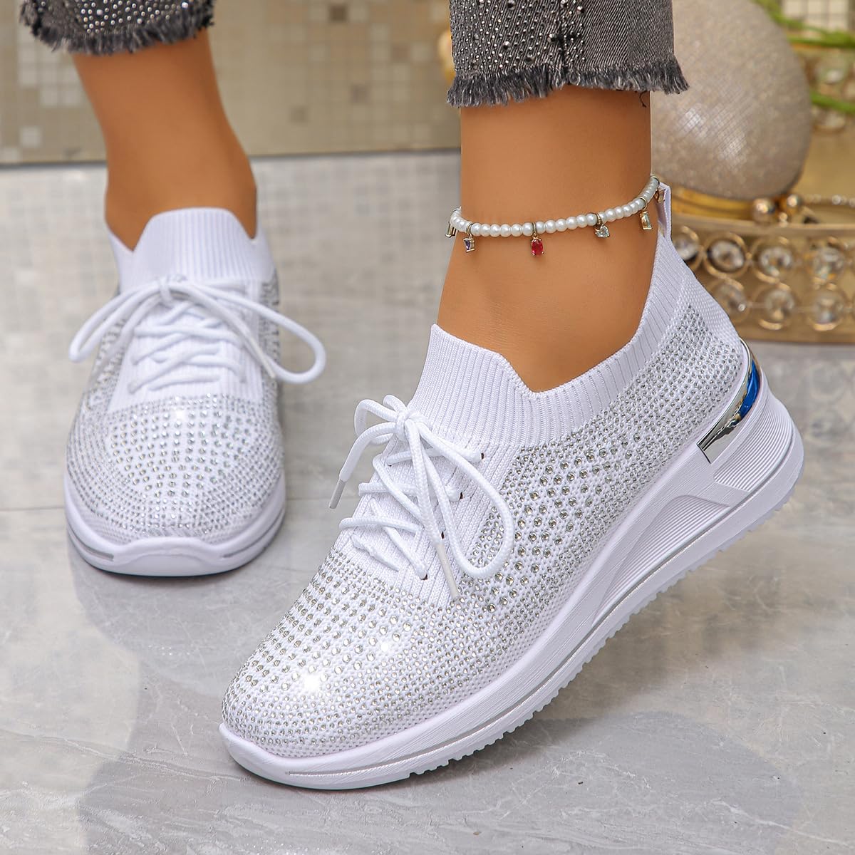 Scarpe da ginnastica da donna con zeppa e strass, alla moda, traspiranti, con strass, senza lacci, ortopediche, zeppa, scarpe da ginnastica scintillanti