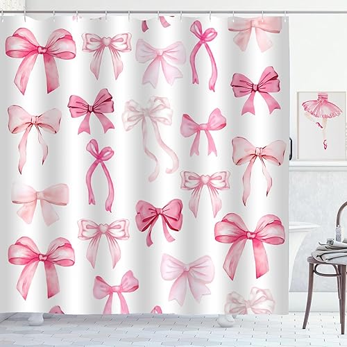 Miniatura 2 de Cortina de ducha con lazo rosa, bonita cortina de ducha con lazo coqueta para niñas, cortina de baño de tela de poliéster impermeable, 72 x 72