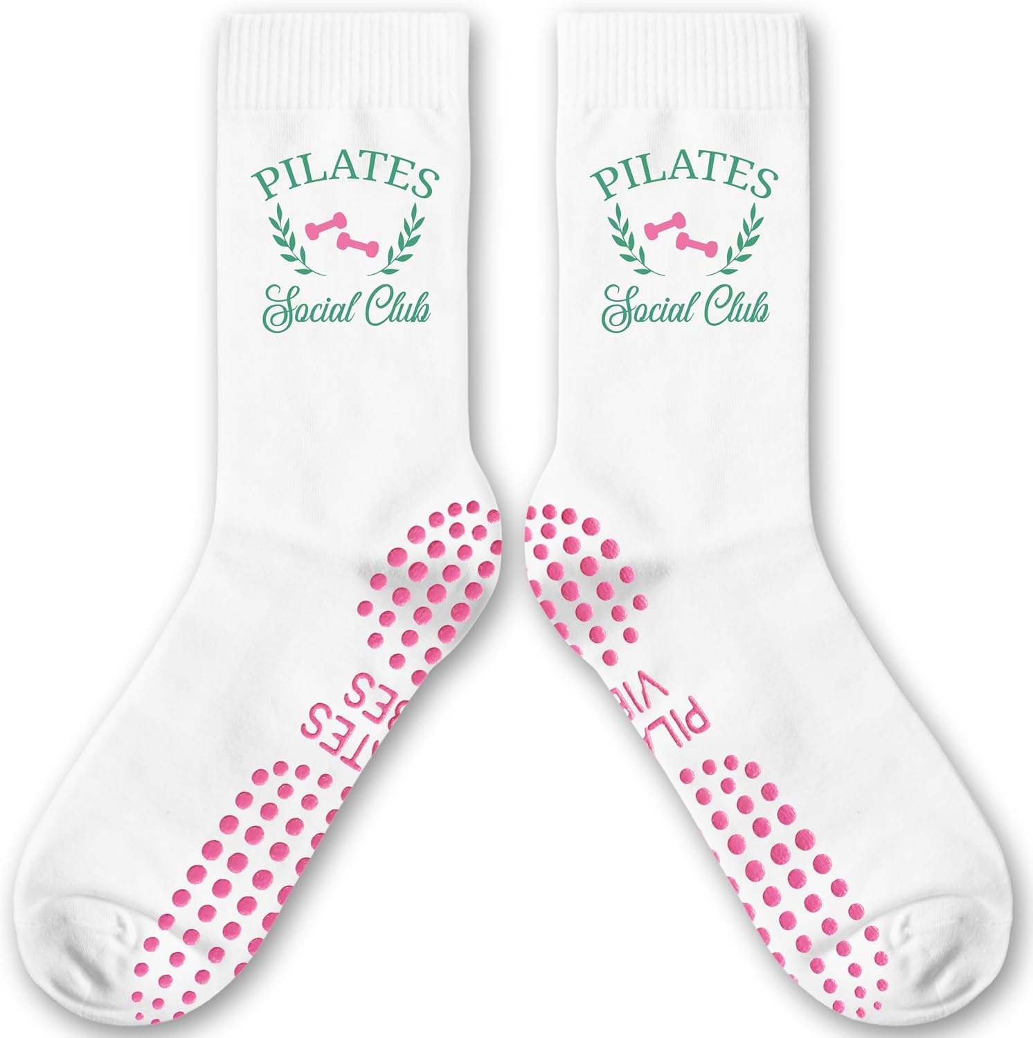 Cute Pilates Socks, Pink Crew Grippy Socks for Studio Reformer Workout Style